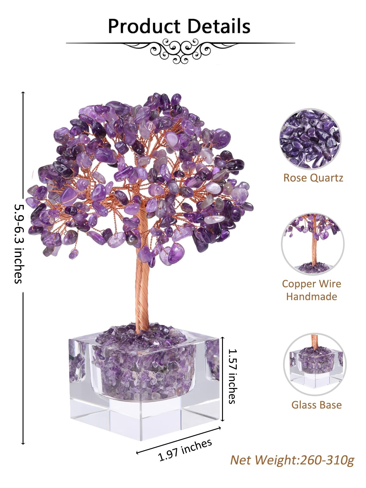 Jovivi Large Crystal Tree with Square Glass Base, Amethyst Healing Crystals Tree Life Natural Chipped Gemstone Money Trees Feng Shui Good Luck Positive Energy Purple Home Desk Decor