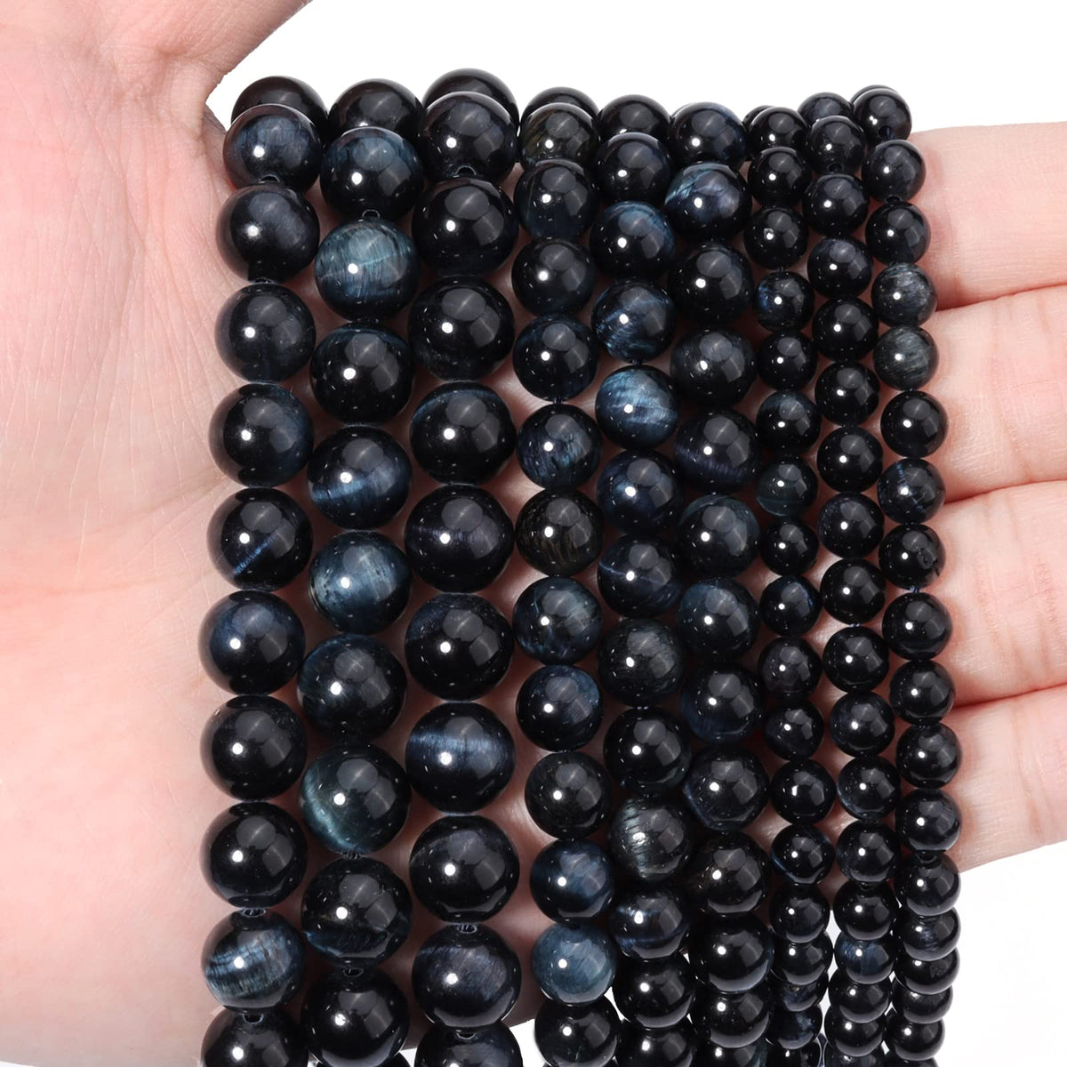 60pcs 6mm Natural Blue Black Tiger Eye Gemstone Beads Energy Healing Crystal Round Loose Stone Beads for Jewelry Making, DIY Bracelets Necklaces