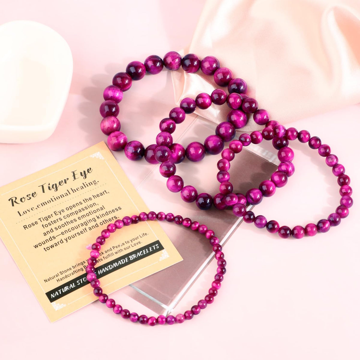 AD Beads 10mm Handmade Rose Tiger Eye Elastic Bracelet – Natural Gemstone for Love,emotional healing. – Meditation, Yoga, Healing and Energy Gift for Men Women