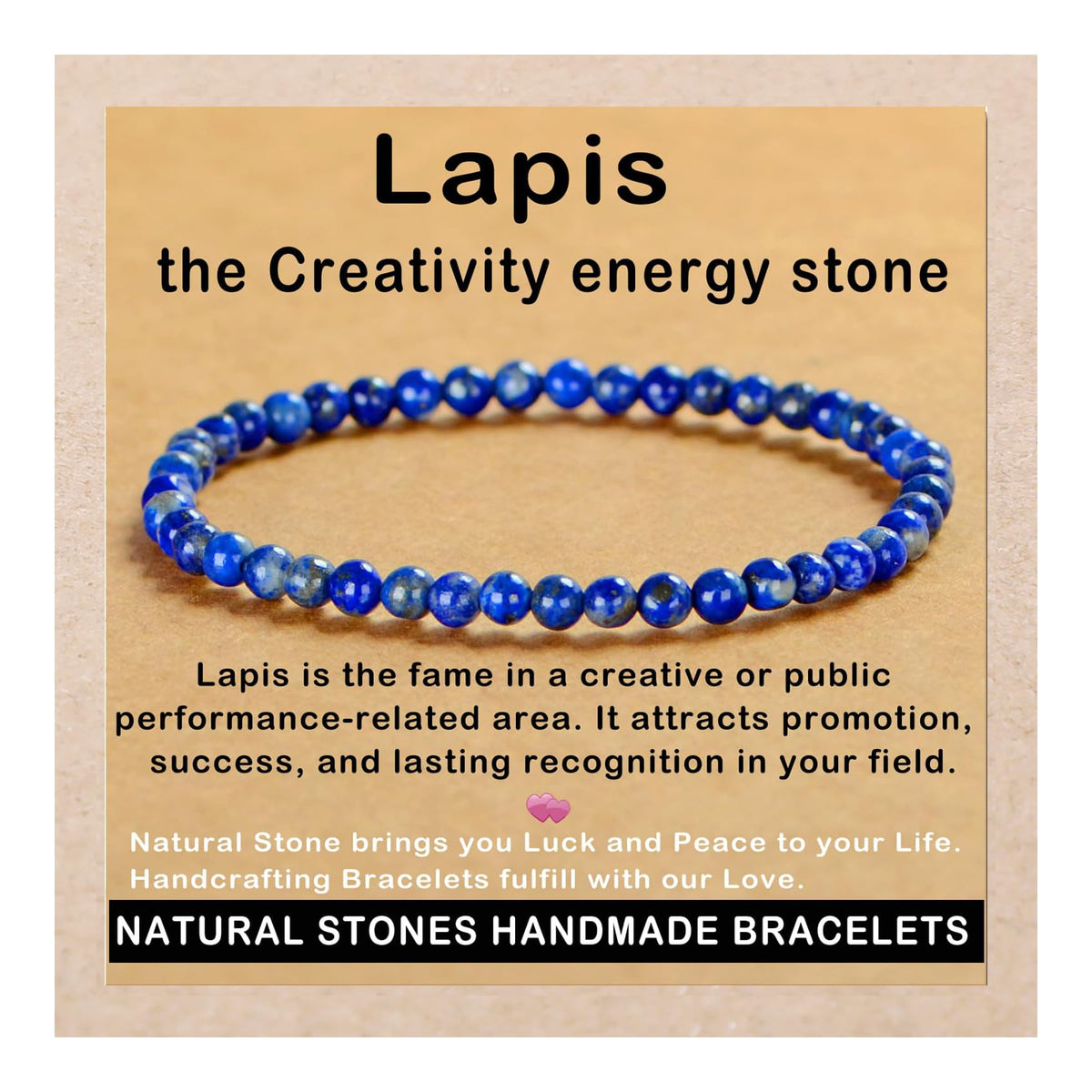 AD Beads Handmade Gemstone Stretch Elastic Bracelet Crystal Healing Reiki Nature's Beauty and Spiritual Essence Unisex (4mm, Lapis Lazuli)