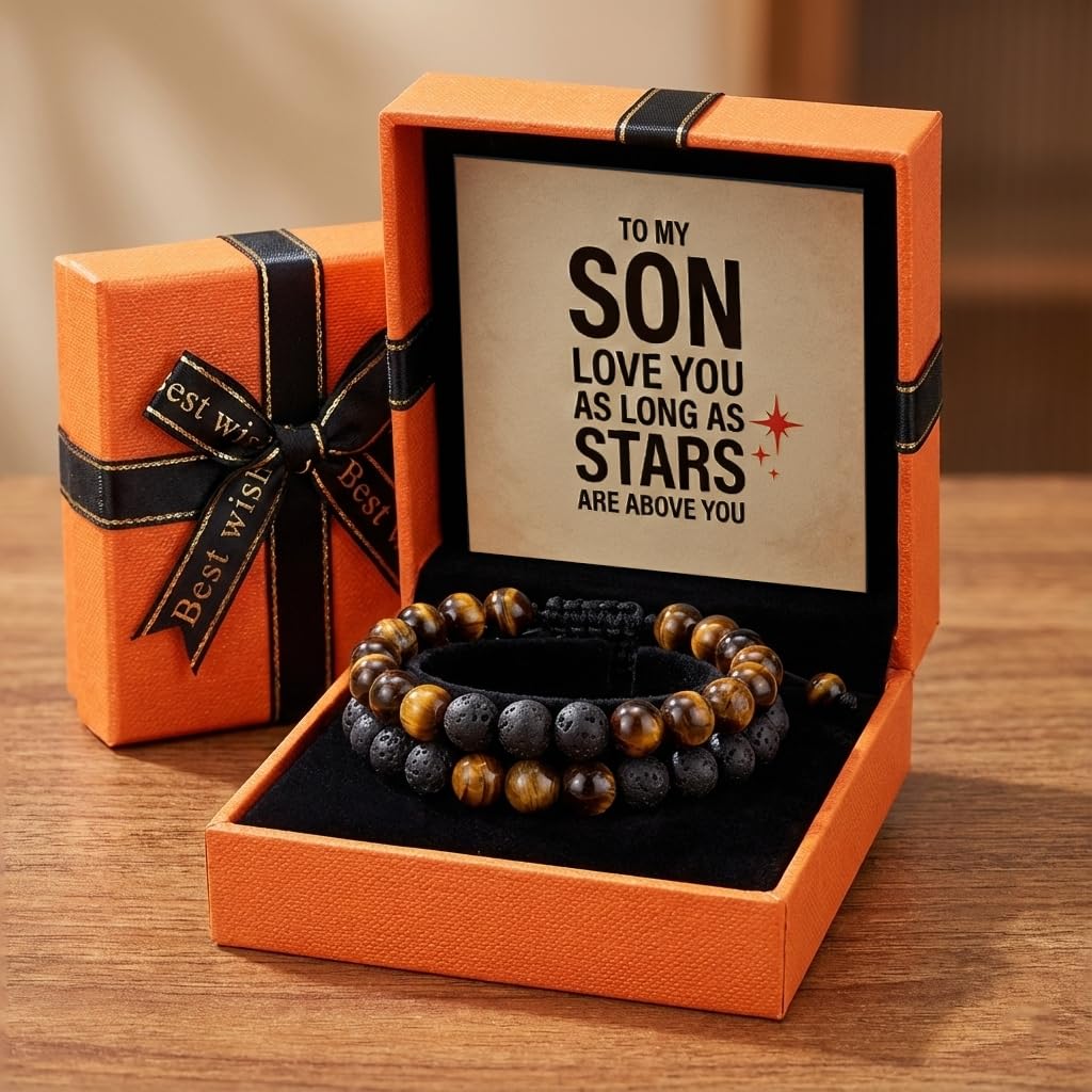 SFPJTL To My Son Gifts from Mom Dad - Natural Tiger Eye & Lava Rock Bracelets Set (2-Pack) for Men - Anxiety Stress Relief & Inspirational Graduation 18th 21st Birthday Gift for Him - Adjustable Beaded Jewelry