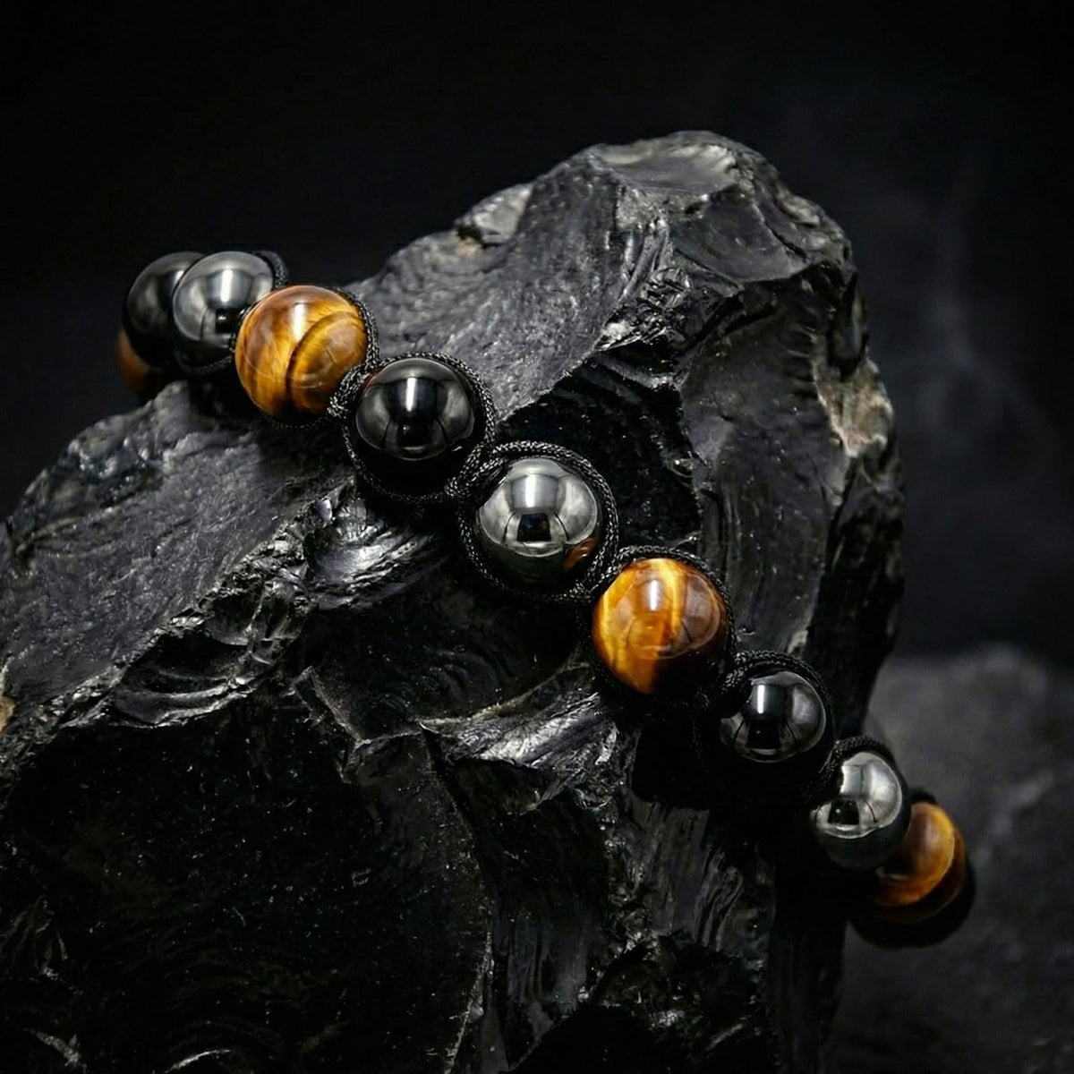 SFPJTL Natural Triple Protection Bracelet for Men - Real Tiger Eye, Hematite & Black Obsidian - Handmade Macrame Braided Adjustable Cord - Durable Healing Crystal Jewelry Gift for Dad Husband Son