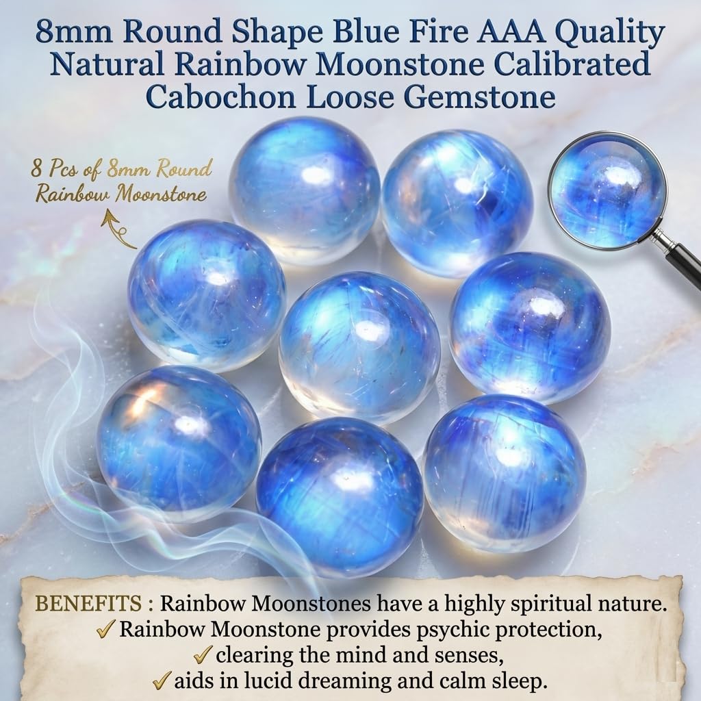 8mm Round Shape Blue Fire AAA Quality Natural Rainbow Moonstone Calibrated Cabochon Loose Gemstone 8 pcs Box.