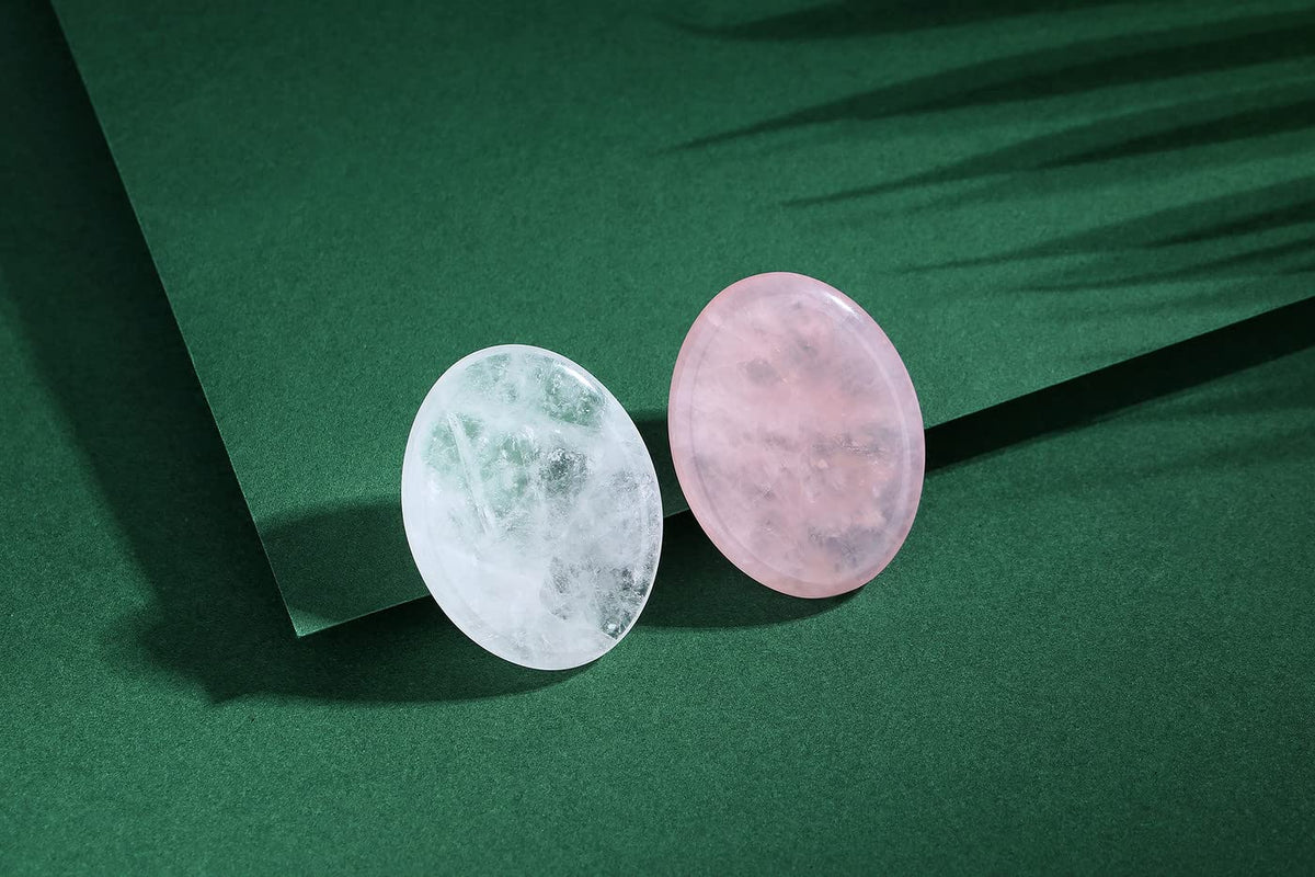 Thumb Worry Stone for Anxiety Healing Crystals Sets 2PCS Rose Quartz Clear Quartz Hand Carved Stones Gemstone Pocket Natural Stone Meditation Reiki Oval Shaped Palm Stone Therapy