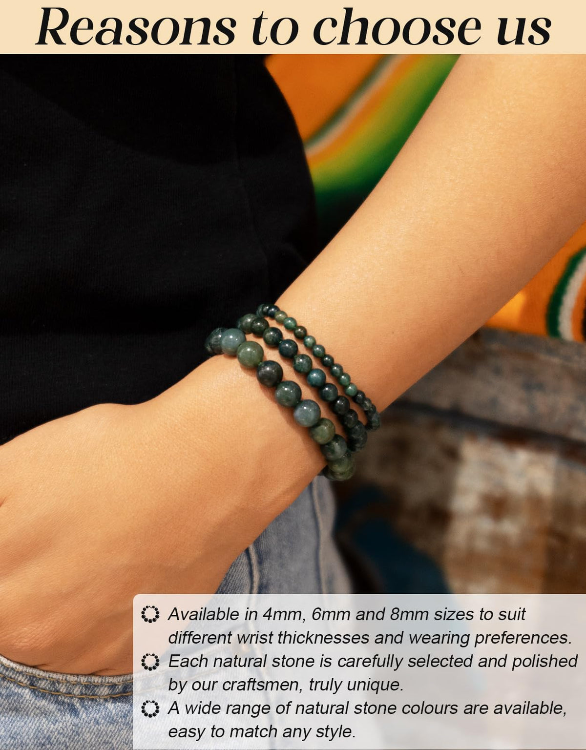 Landorilo Beaded Bracelet for Men Women, 8mm Natural Stone Moss Agate Healing Crystal Stretch Bracelets, Ideal Christmas Birthday Jewelry Gifts with Energy Card，Replacement Beads Included