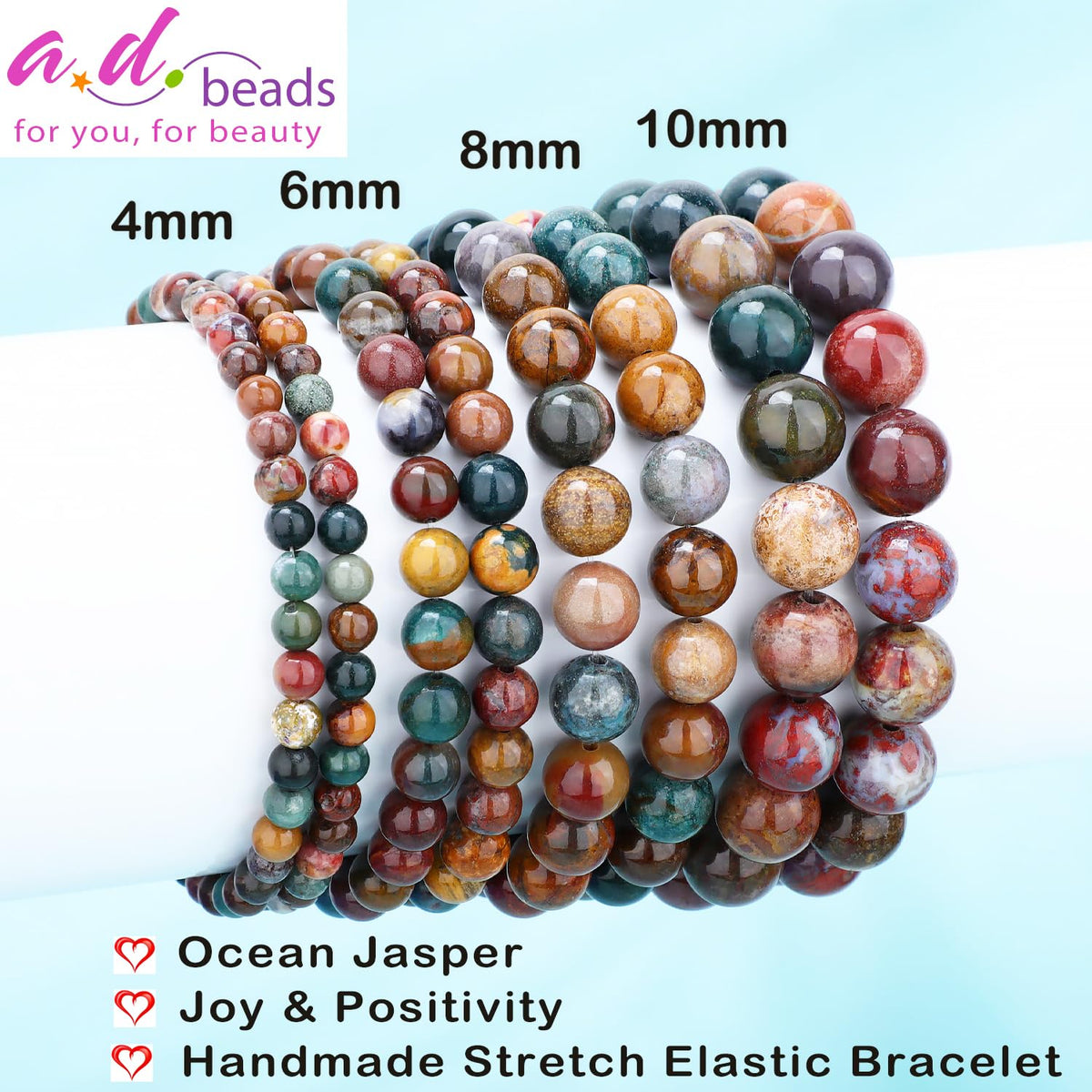 AD Beads 10mm Handmade Ocean Jasper Elastic Bracelet – Natural Gemstone for Joy & Positivity – Meditation, Yoga, Healing and Energy Gift for Men Women