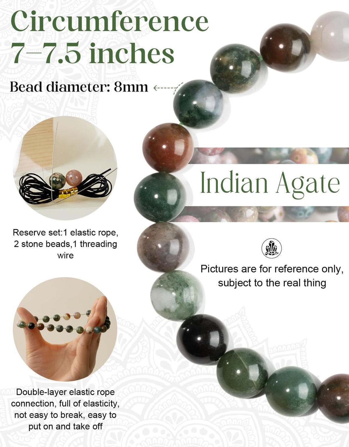 Landorilo Beaded Bracelet for Men Women, 8mm Natural Stone Indian Agate Healing Crystal Stretch Bracelets, Ideal Christmas Birthday Jewelry Gifts with Energy Card，Replacement Beads Included