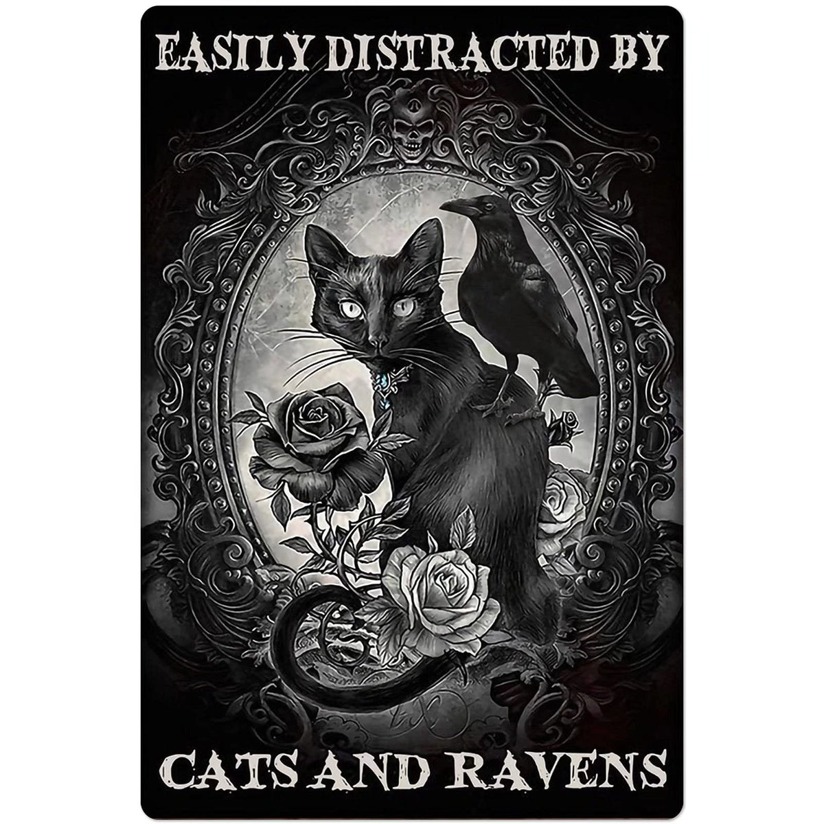 Black Cat Crow Metal Tin Sign,Easily Distracted by Cats and Ravens Room Decor Metal Wall Decoration Retro Bar Sign Home Kitchen People Cave Living Room Decoration Gift 8X12 Inch