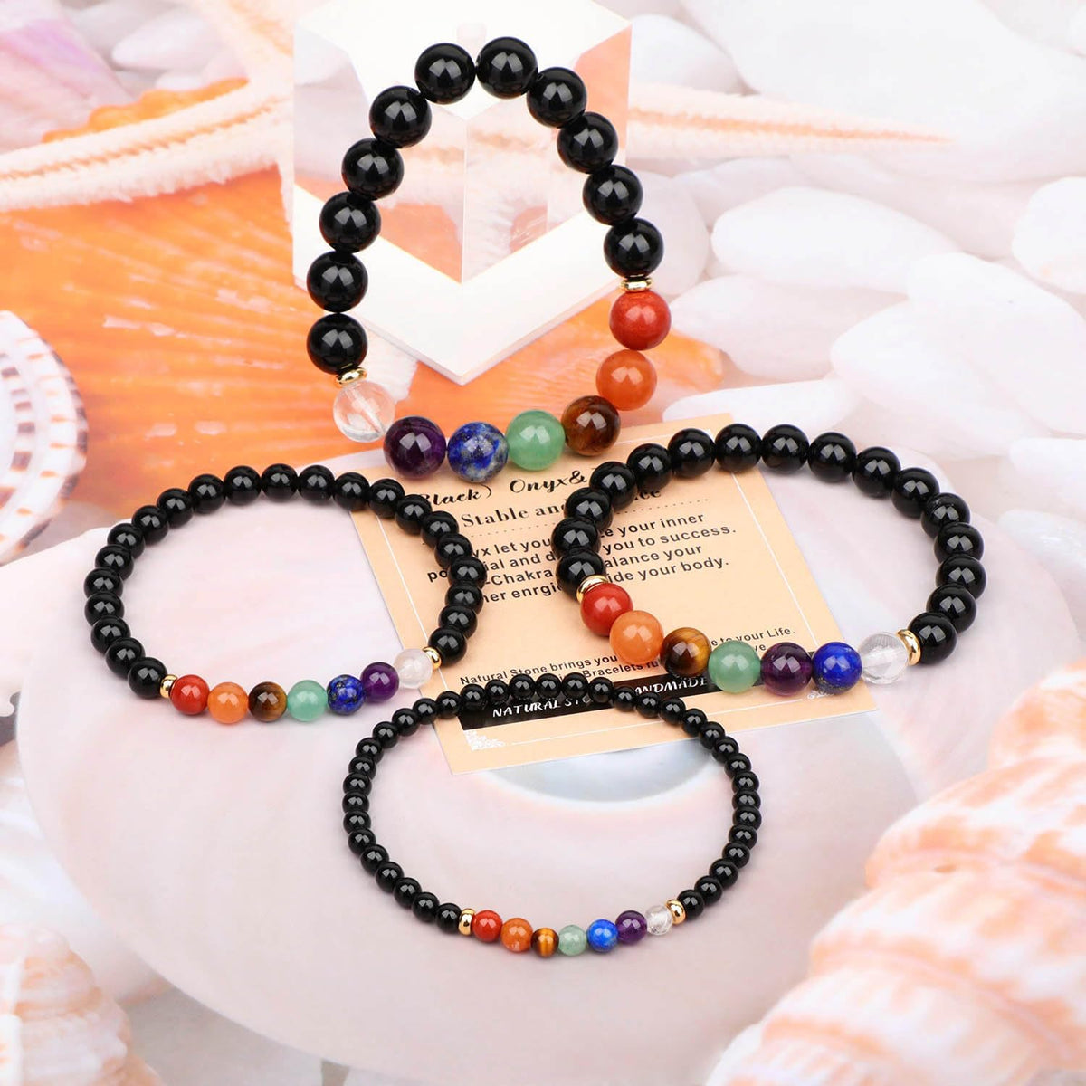 AD Beads Handmade Gemstone Stretch Elastic Bracelet Crystal Healing Reiki Nature's Beauty and Spiritual Essence Unisex (6mm, Onyx & 7-Chakra (Stable and Balance))