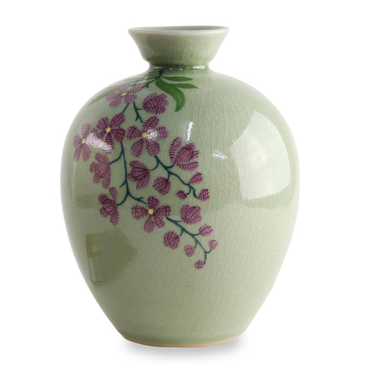 NOVICA Artisan Handcrafted Celadon Ceramic Vase Floral from Thailand Pink Vases [8.5in H x 6.5in Diam.] ' Round Garden'