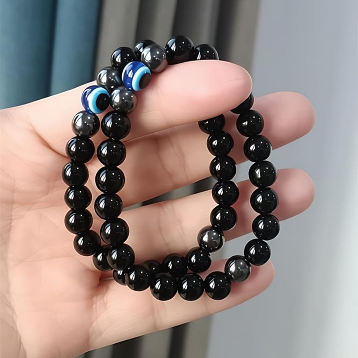 WEFRIN Evil Eye with Hematite Black Obsidian Tiger Eye Stone Triple Protection Bracelets for Men Women, Crystal Jewelry Stone Bracelets Bring Luck and Prosperity and Happiness (D-8mm(d))