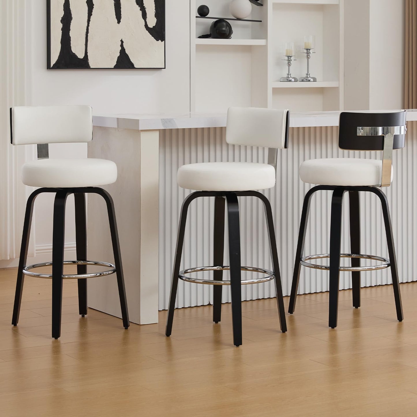 WOOW DEPOT Swivel Counter Height Bar Stools Set of 3, 29" Upholstered Faux Leather Barstools with Back, Mid Century Modern Counter Stools with Black Walnut Wood Legs for Kitchen Island, White