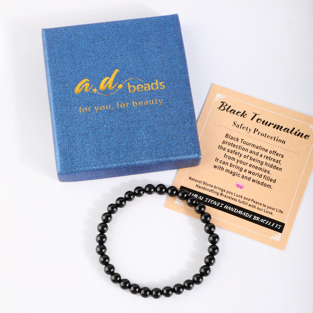 AD Beads 6mm Handmade Black Tourmaline Elastic Bracelet – Natural Gemstone for Safety Protection – Meditation, Yoga, Healing and Energy Gift for Men Women