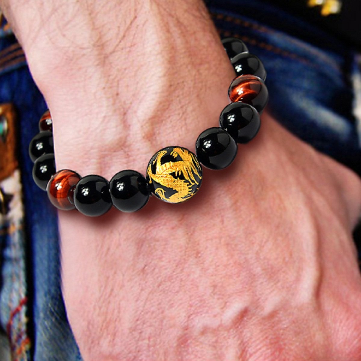 14mm Natural Lava Rock Black Beads Bracelets for Men | Vintage Design Yellow Tiger Eye Black Dragon Pattern Crystal Beaded Mens Bracelet | Bold Wrist Men’s Bracelets Beads Set for Layered Looks