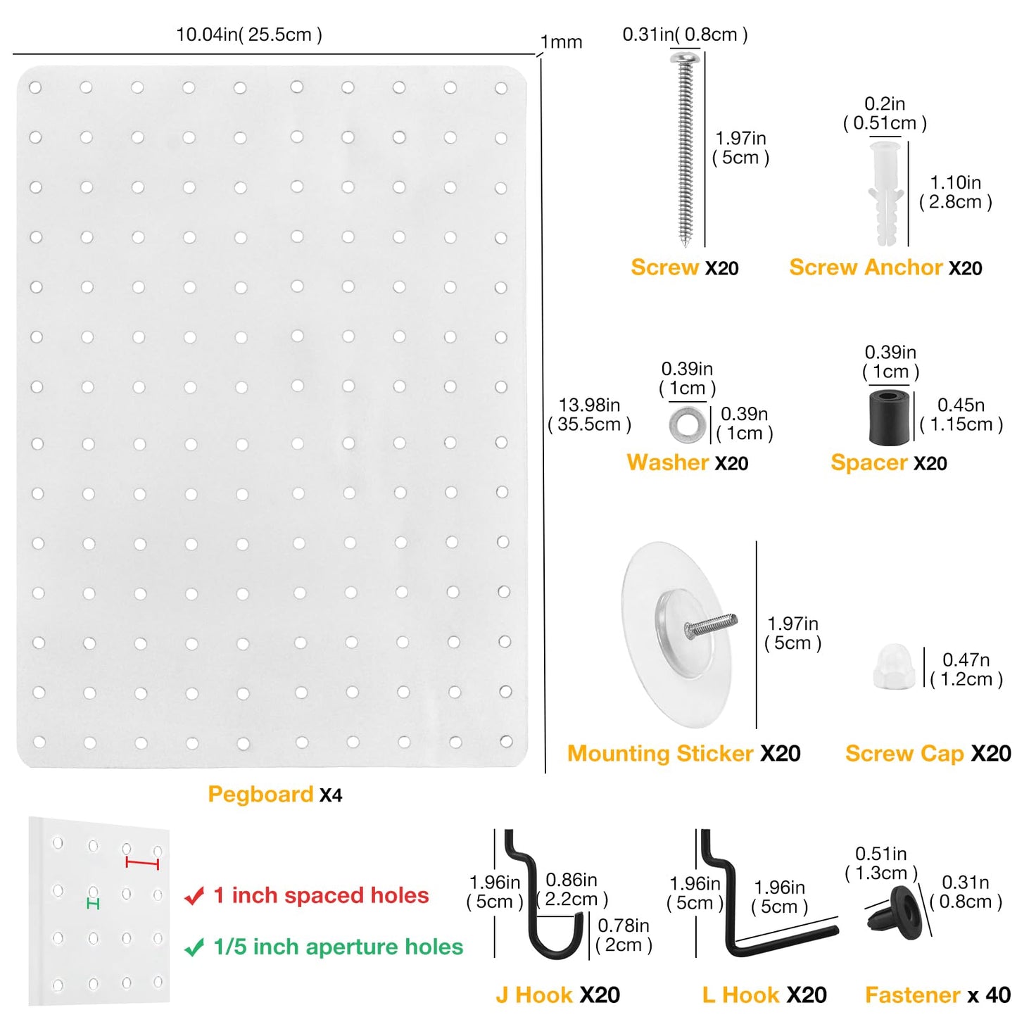G.CORE Steel Pegboard and Hooks - 44pcs Peg Board Panels Organizer 1/4" Holes 14"x10" with J L Hooks - Kitchen Bathroom Craft Office Garage Tool Display Organization Drill/Adhesive Mounting (White)