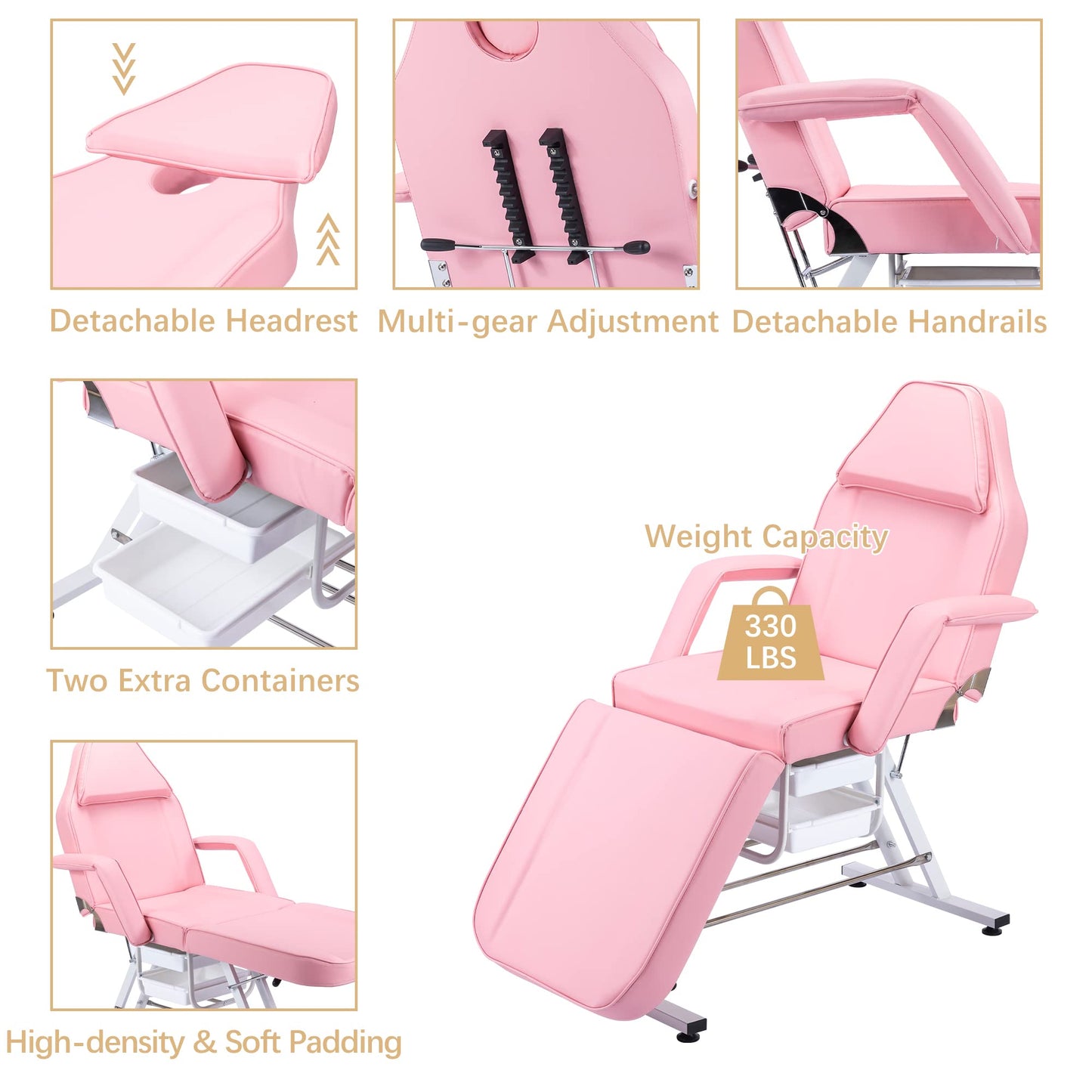 Massage Salon Tattoo Chair with Hydraulic Stool, Adjustable Beauty Facial Bed Table, Pink, Face-Down Cradle for Esthetician