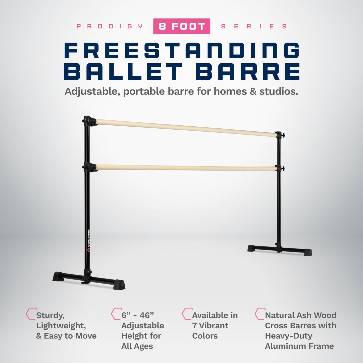 VITA Barre Portable Freestanding Double Ballet Barre, Prodigy, 8 Ft Bars, Black | Adjustable Height, USA Made, Home or Gym Exercise Equipment for Kids & Adults | Dance, Fitness, Pilates