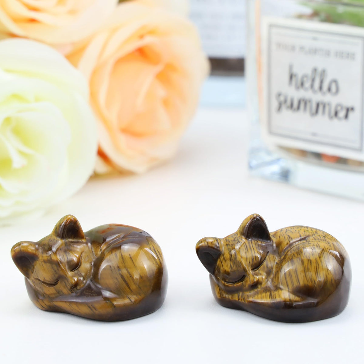 QINJIEJIE Tiger Eye Cat Decor Crystal Figurine Sleeping Healing Crystal 1.6" Hand Polished Gemstones Decor Cute Kitten Sculpture Reiki Room Desk Decoration Cat Gifts for Women Men Stocking Stuffers