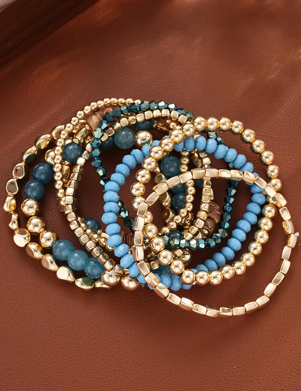 iF YOU 12 Pcs Boho Beaded Bracelets for Women, Brown Orange Bohemian Stackable Gold Bead Stretch Bracelets Stack Jewelry Gift (Blue beaded bracelets)