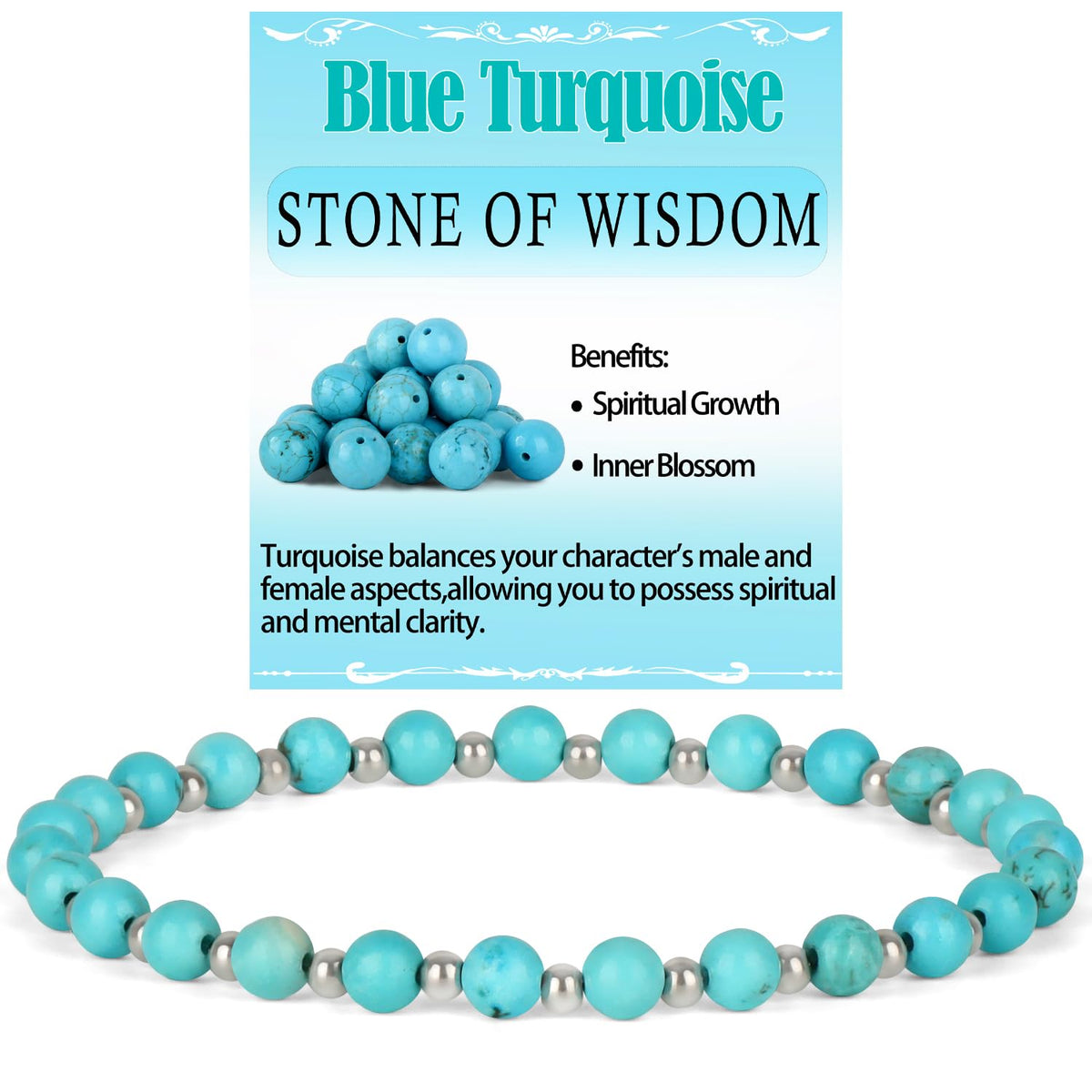 QOGIR Blue Turquoise - Stone of Wisdom - Stainless Silver Beads Natural Gemstone Stretch Elastic Dainty Healing Beaded Bracelets Gifts 4mm
