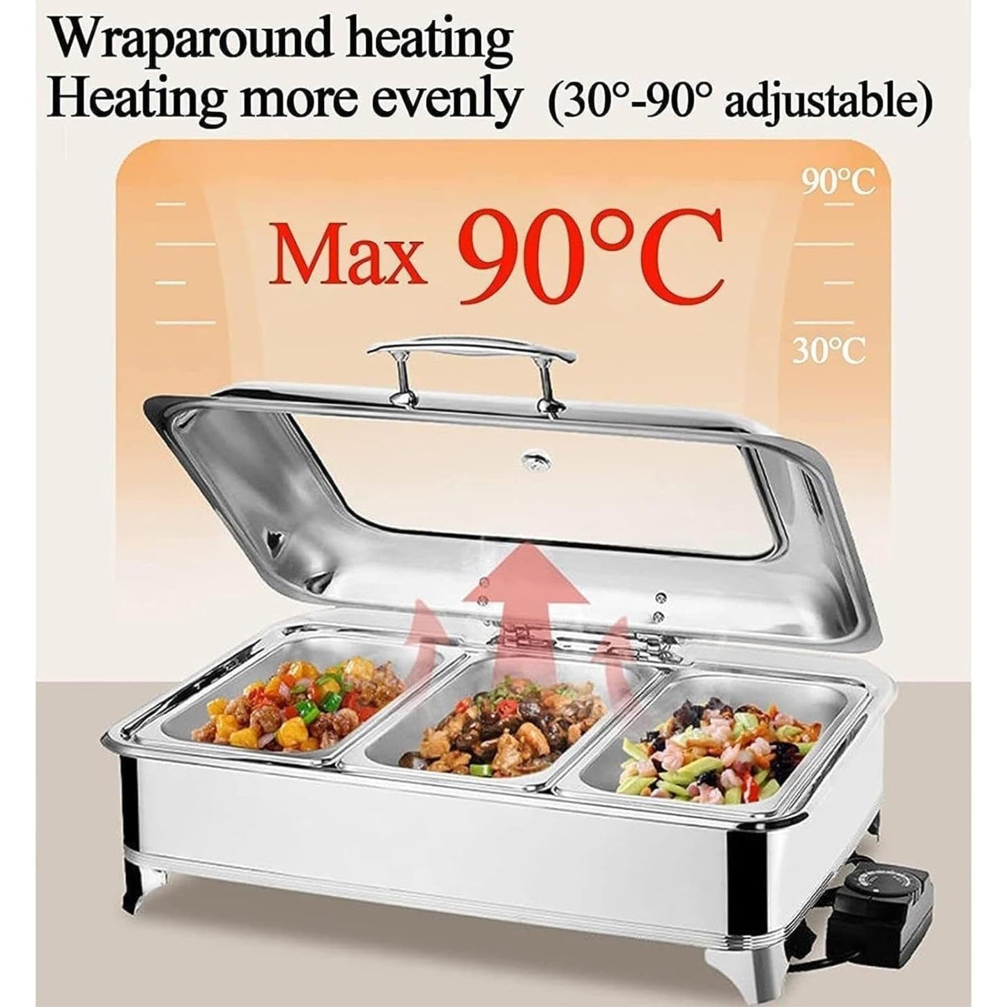 Stainless Steel Electric Chafing Dish with Clear Lid, Commercial Grade Food Warmer for Home Kitchen, Hotel, Banquet, Family Gatherings, Party Serving Tray