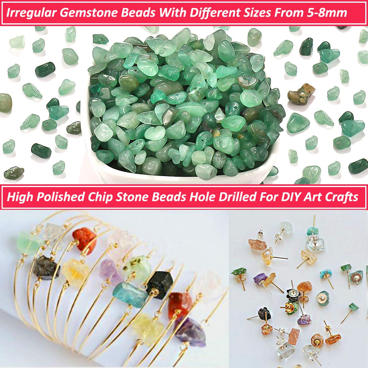 420PCS Chip Stone Beads Green Aventurine, Irregular Gemstones Healing Crystal Loose Beads Crushed Chunked Crystal Pieces Hole Drilled for DIY Art Crafts Jewelry Making (Green Aventurine)