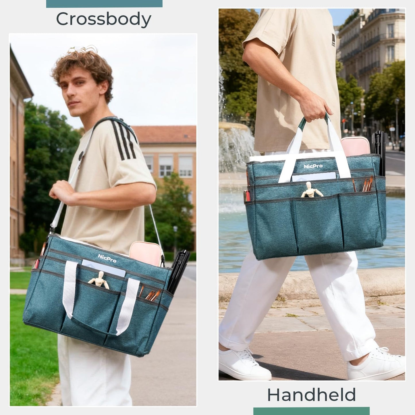 Nicpro Craft Organizer Art Bag, Large Tote Bag for Art Supply Storage with Detachable Shoulder Strap & Multiple Pockets, Portable Craft Bag for Scrapbooking, Journal, Sewing, School, Office Supplies