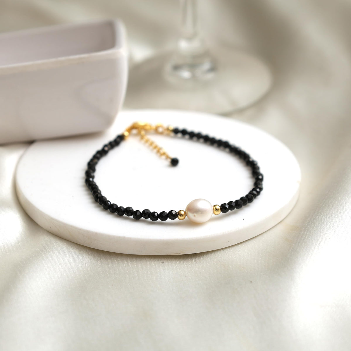 Gempires Black Spinel Beaded Bracelet with Pearl, Handcrafted Fresh Pearl and Gemstone Beads Adjustable Bracelet in 14k Hypoallergenic Gold Plated, Gift for Her (7.5 + 1 Inch Extender)