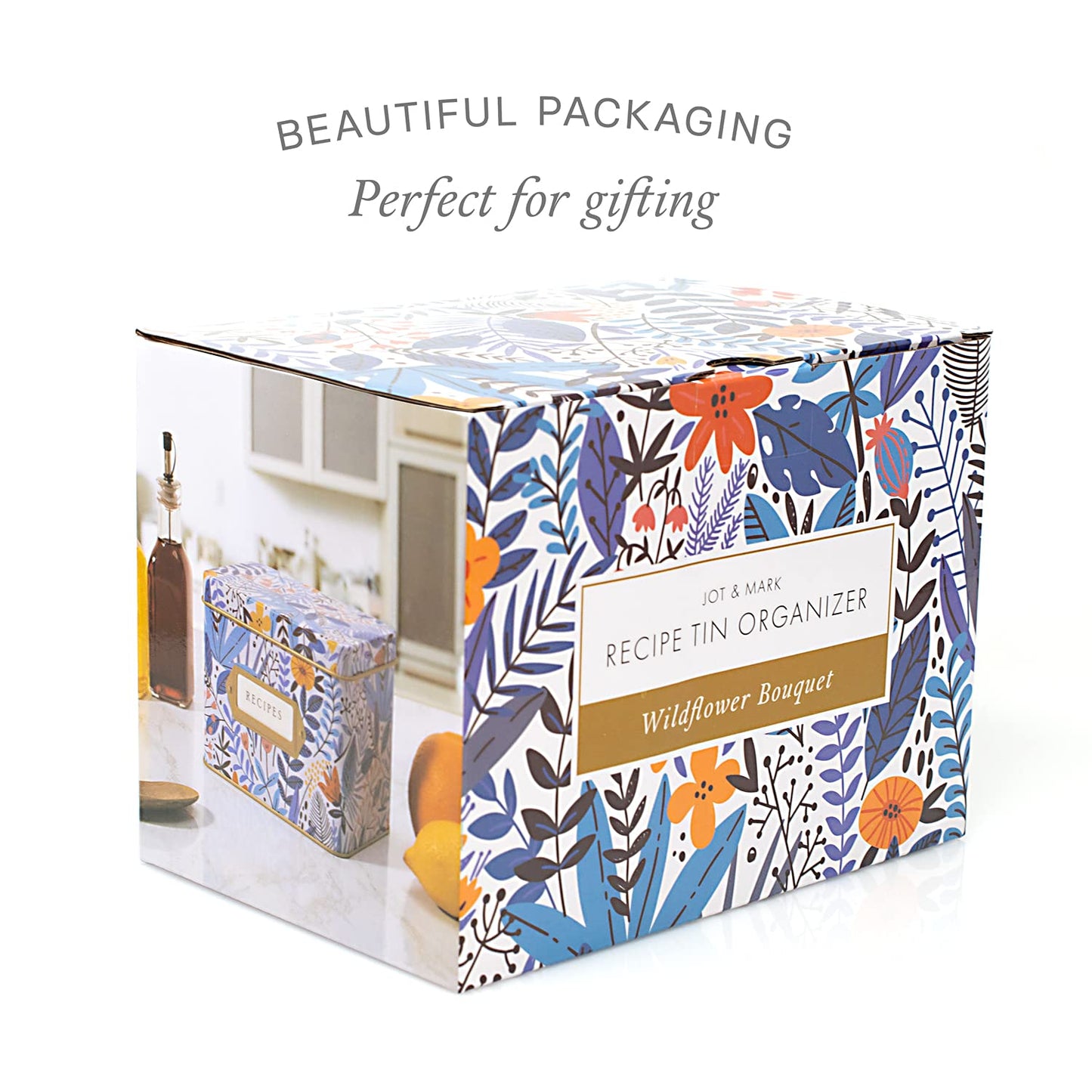 Jot & Mark Decorative Recipe Tin Box for Recipe Cards, Greeting Card Holder | Holds Hundreds of 4” x 6” Cards