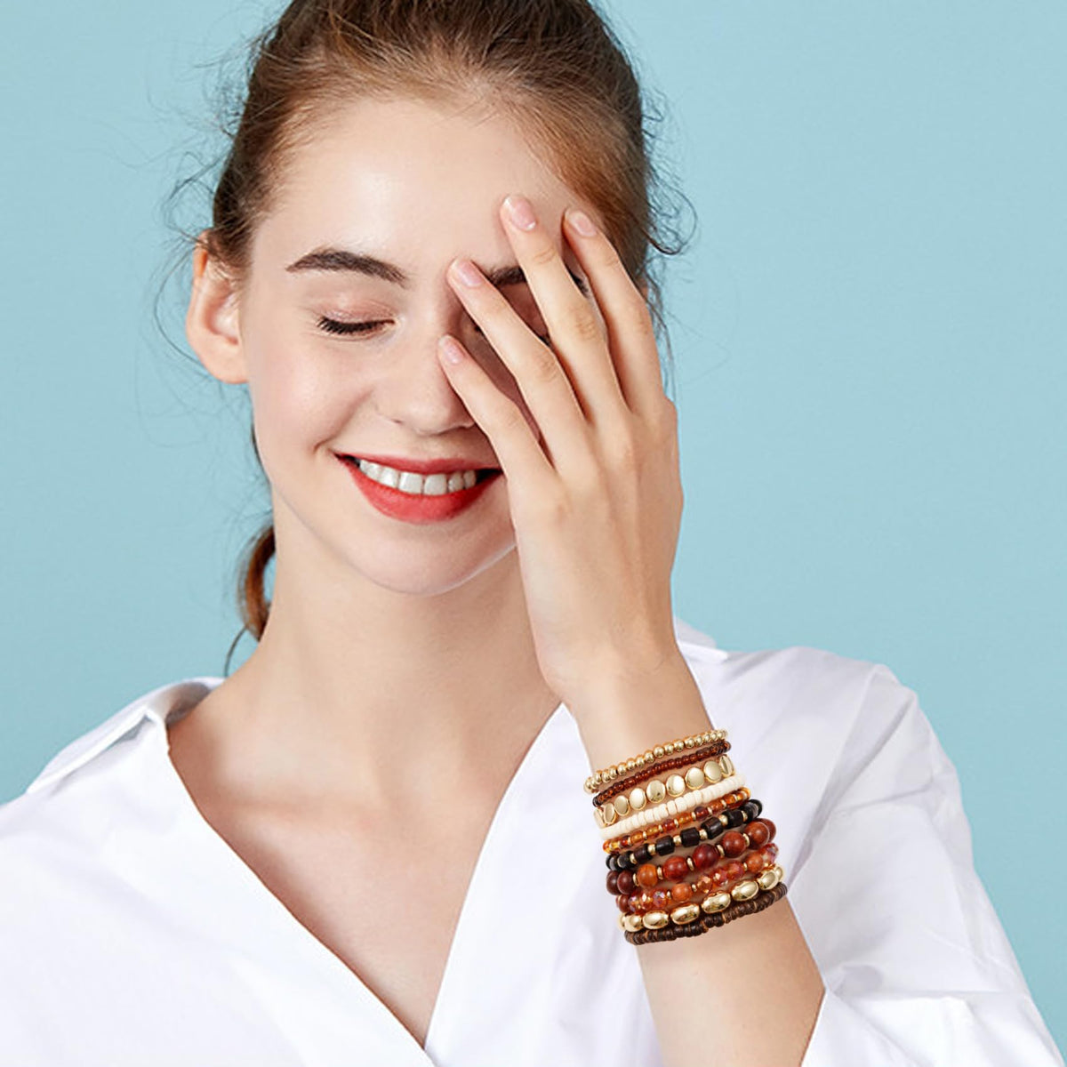 GOOJIDS Surfer Heishi Clay Bead Bracelets for Women Bohemian Stackable Gold Plated Beaded Stretch Bracelets Elastic Layering Friendship Bracelets Set Boho Jewelry