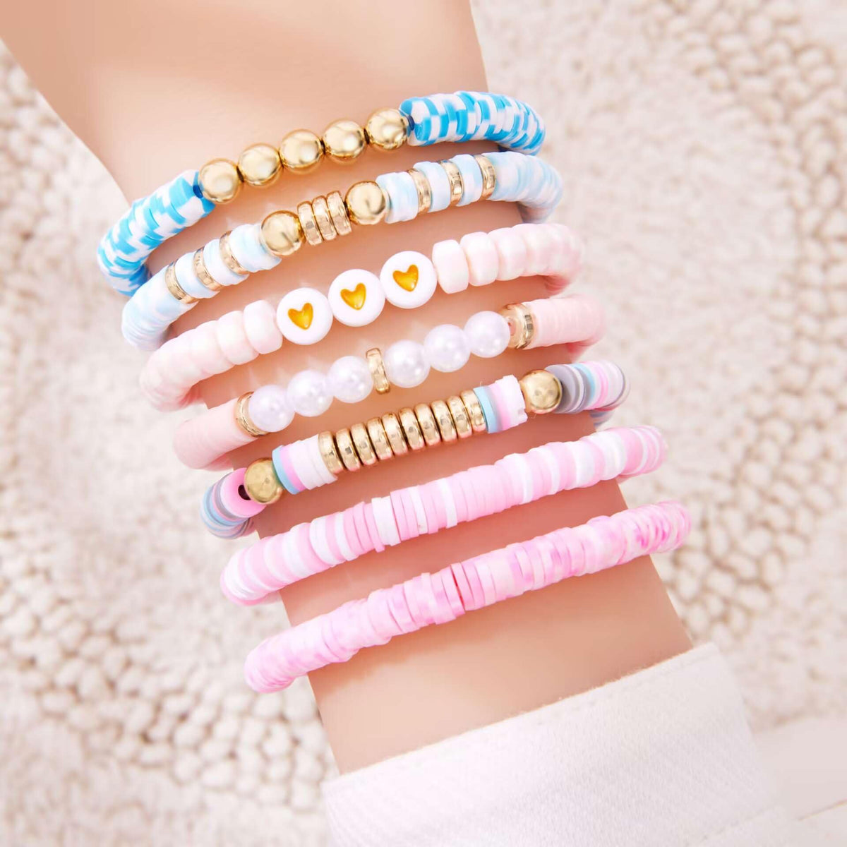 YEOSMINE Boho Heishi Clay Beaded Stretch Bracelets Stack For Women, Preppy Teens Friendship Gold Bracelets Cute Beach Surfer Accessories Bulk Set Trendy Fashion Jewelry
