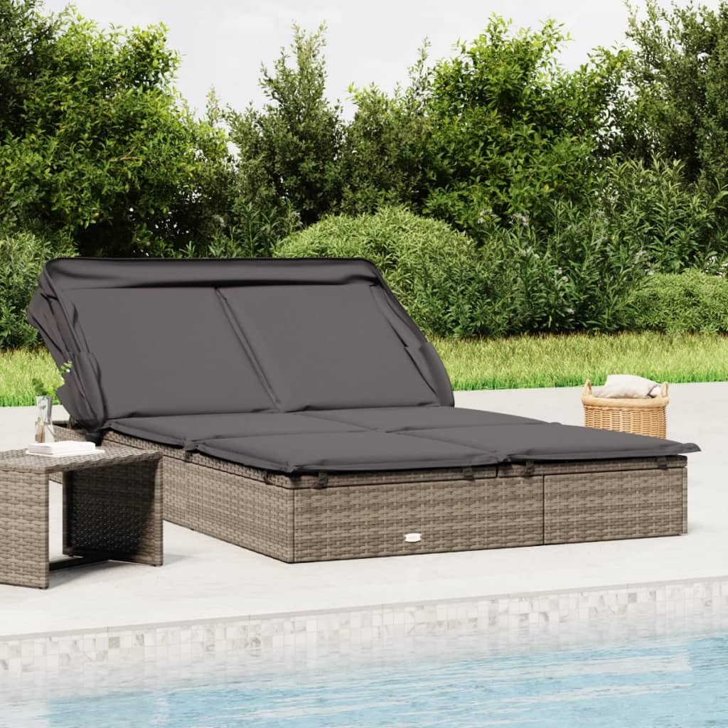 Yamxder 84" Grey PE Rattan Double Outdoor Chaise Lounge, Foldable Steel Frame Recliner with Cushions, Adjustable Armrests, Modern Patio Sun Lounger for Garden, Poolside, Balcony