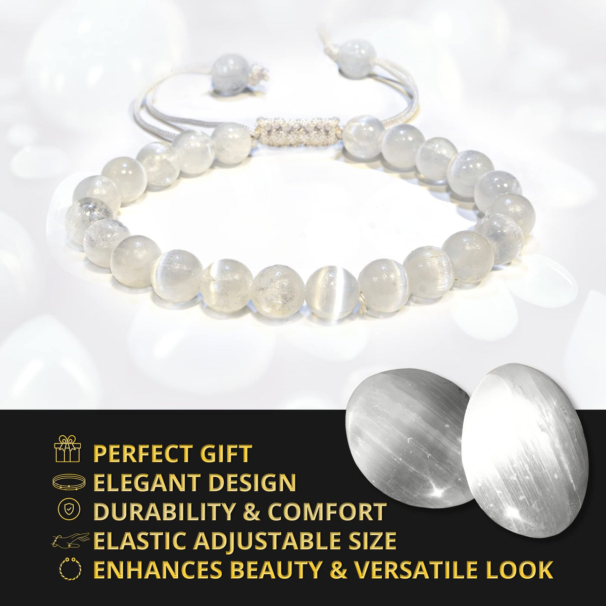 ANAYA AGATE Healing Crystal Bracelet – Chic Gemstone Bracelet for Men and Women – 8mm Round Bead Bracelets for Spiritual Healing, Protection, Positive Energy - Selenite