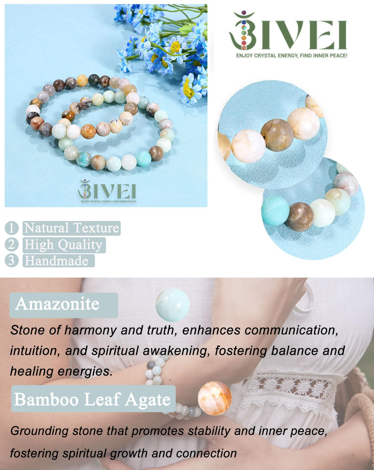 Bivei Natural Gemstone Semi Precious Crystals Handmade Stretchy Round Beads Bracelet, Enhance Positive Energy,Stocking Stuffers for Women(Bamboo Leaf Agate & Amazonite (Good Luck) Large)