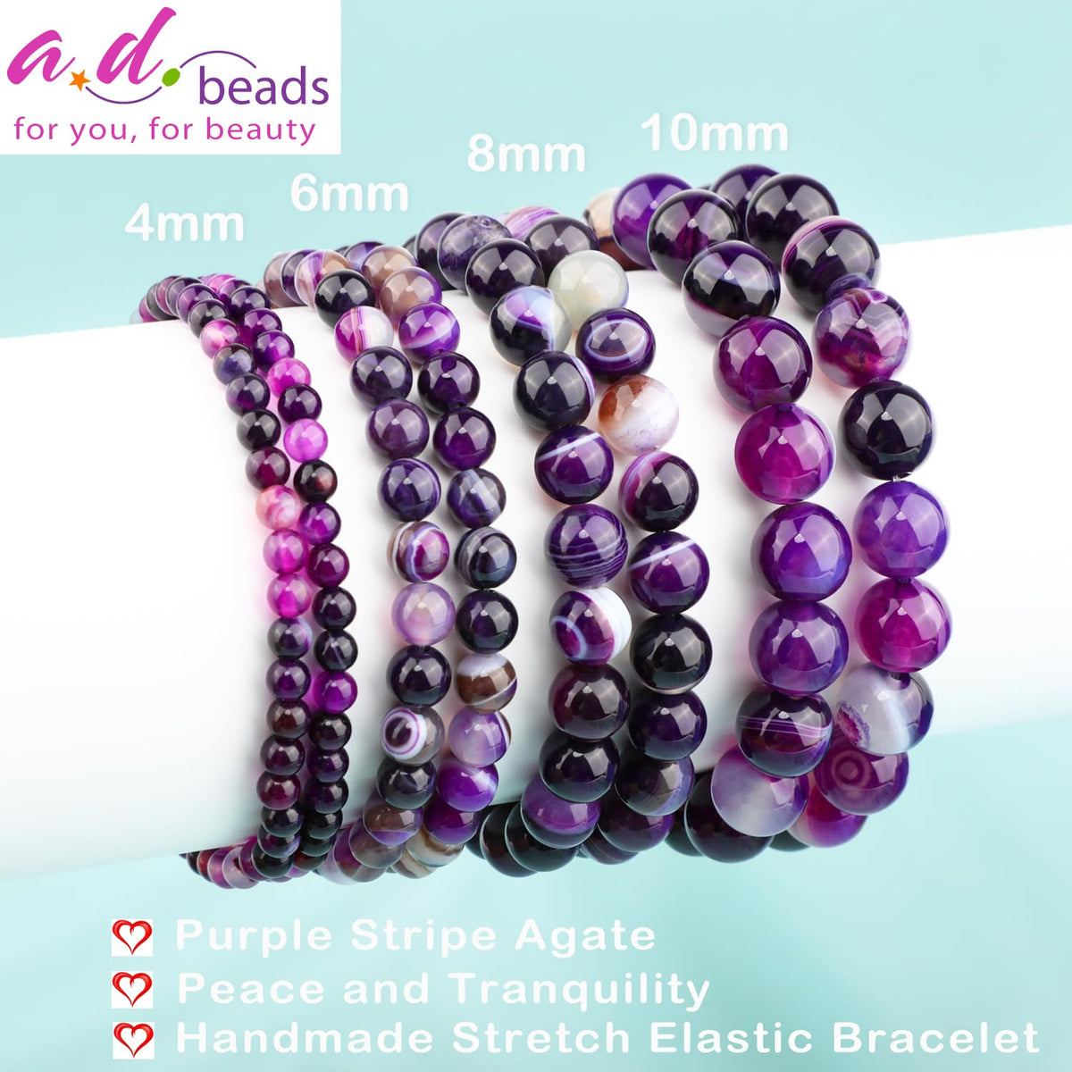 AD Beads 4mm Handmade Purple Stripe Agate Elastic Bracelet – Natural Gemstone for Peace and Tranquility – Meditation, Yoga, Healing and Energy Gift for Men Women