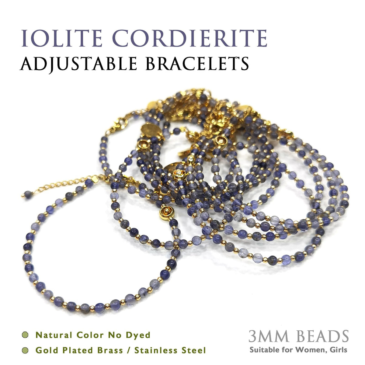 Morchic 3mm Blue Iolite Cordierite Natural Gemstone Beaded Bracelet for Women, Dainty Charm Jewelry, Adjustable 7.1-8.6", Ideal Birthday Holiday Gift