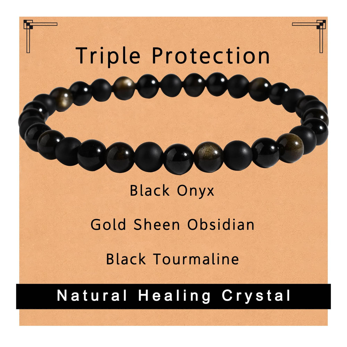 Gracayfr Black Tourmaline Obsidian Bracelet Triple Empath Protection Onyx Healing Crystals Spiritual Natural Stone Gemstone Stretch Gold Sheen