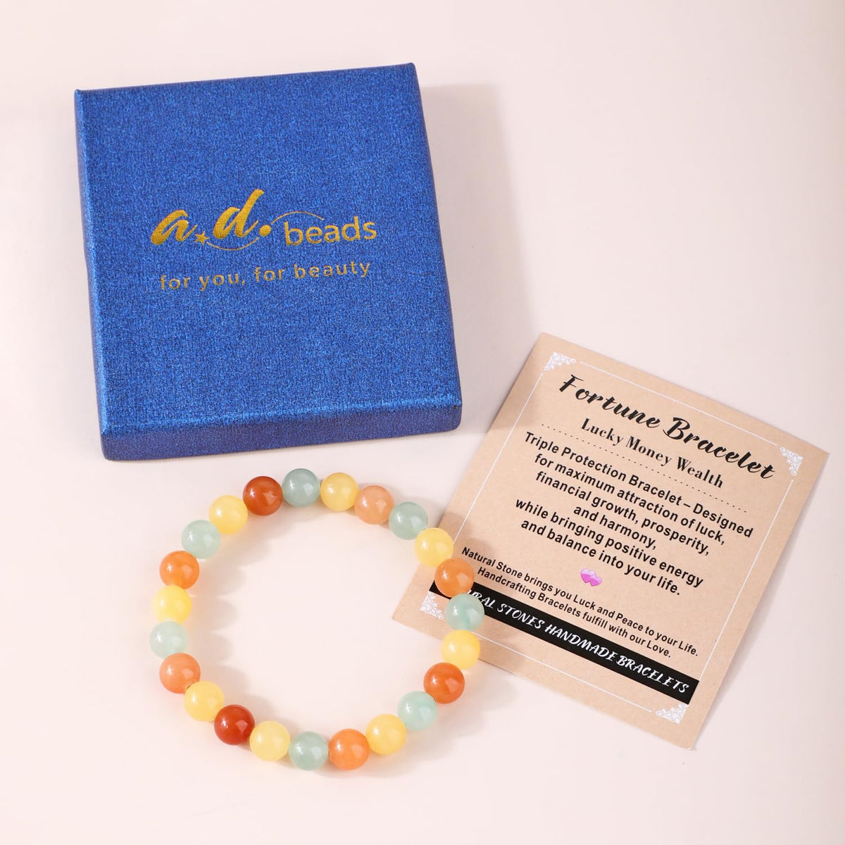 AD Beads 6mm Handmade Fortune Bracelet Elastic Bracelet – Natural Gemstone for Lucky Money Wealth – Meditation, Yoga, Healing and Energy Gift for Men Women
