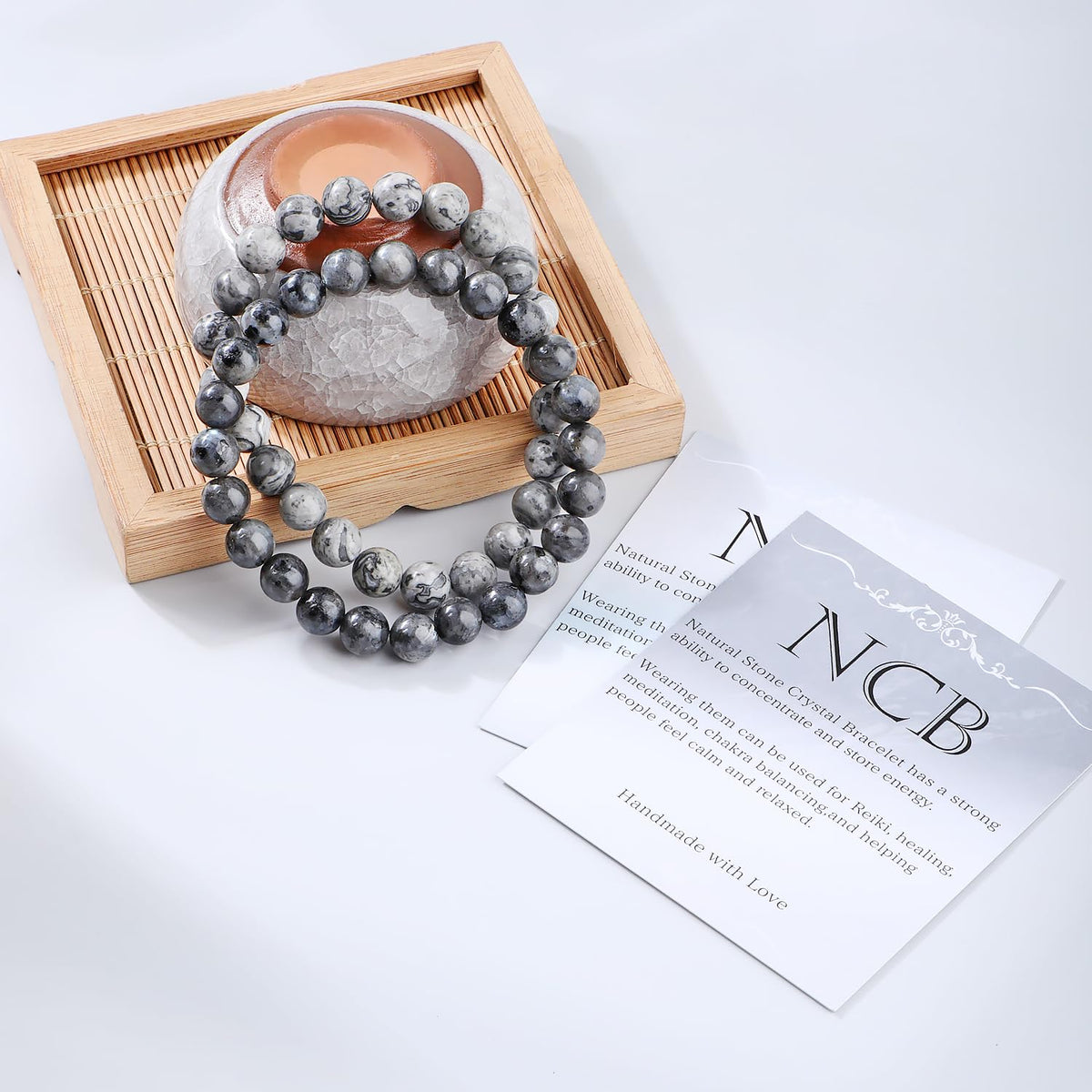 NCB 2-Piece 8mm Natural Crystal Gemstone Stretch Bracelets – ﻿Black Larvikite, Map Jasper Handmade Reiki Energy Healing Jewelry for Meditation,Yoga, Unisex