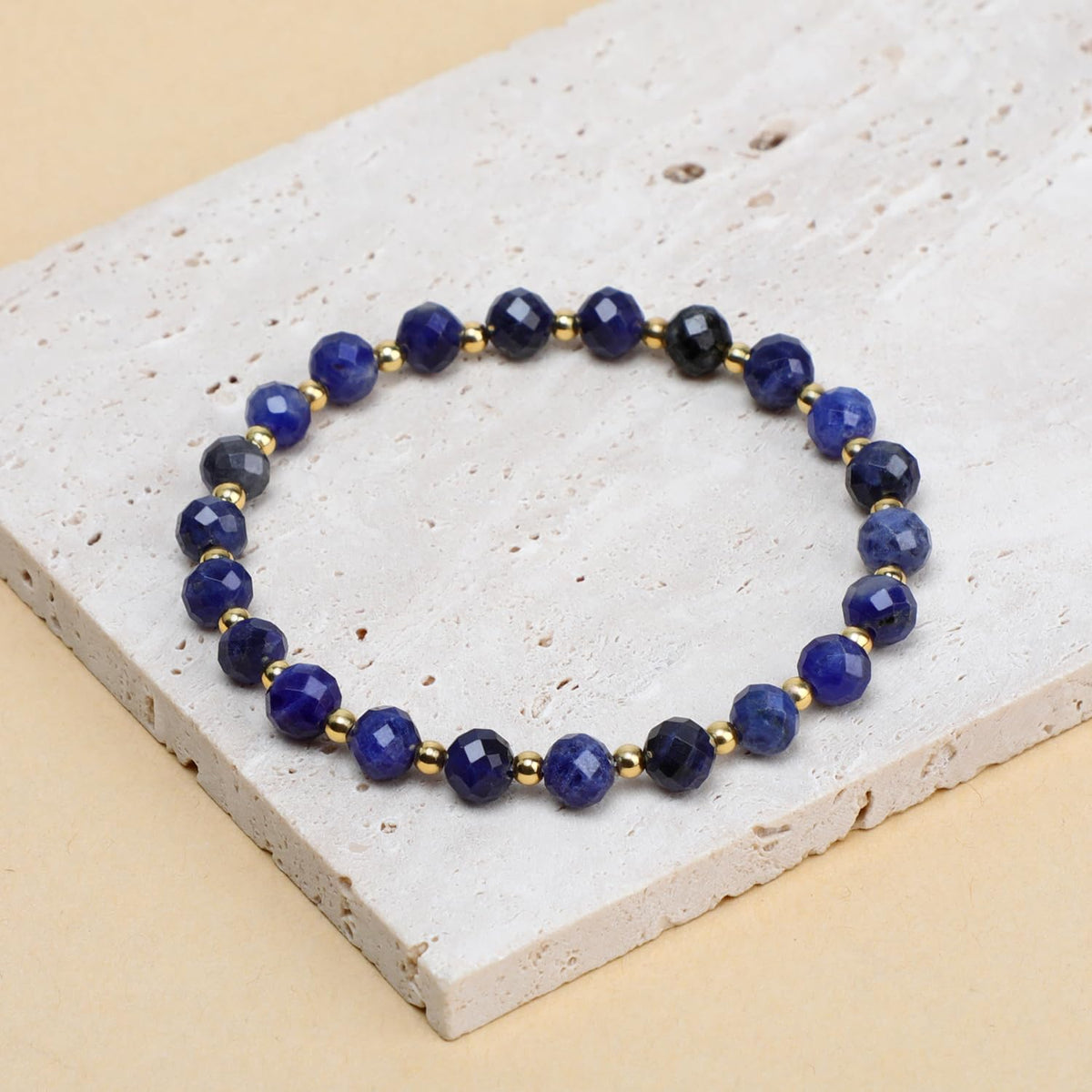 QOGIR Blue Sodalite - Self Confidence - 14K Gold Plated Beads Natural Gemstone Stretch Elastic Dainty Healing Beaded Bracelets Gifts 6mm
