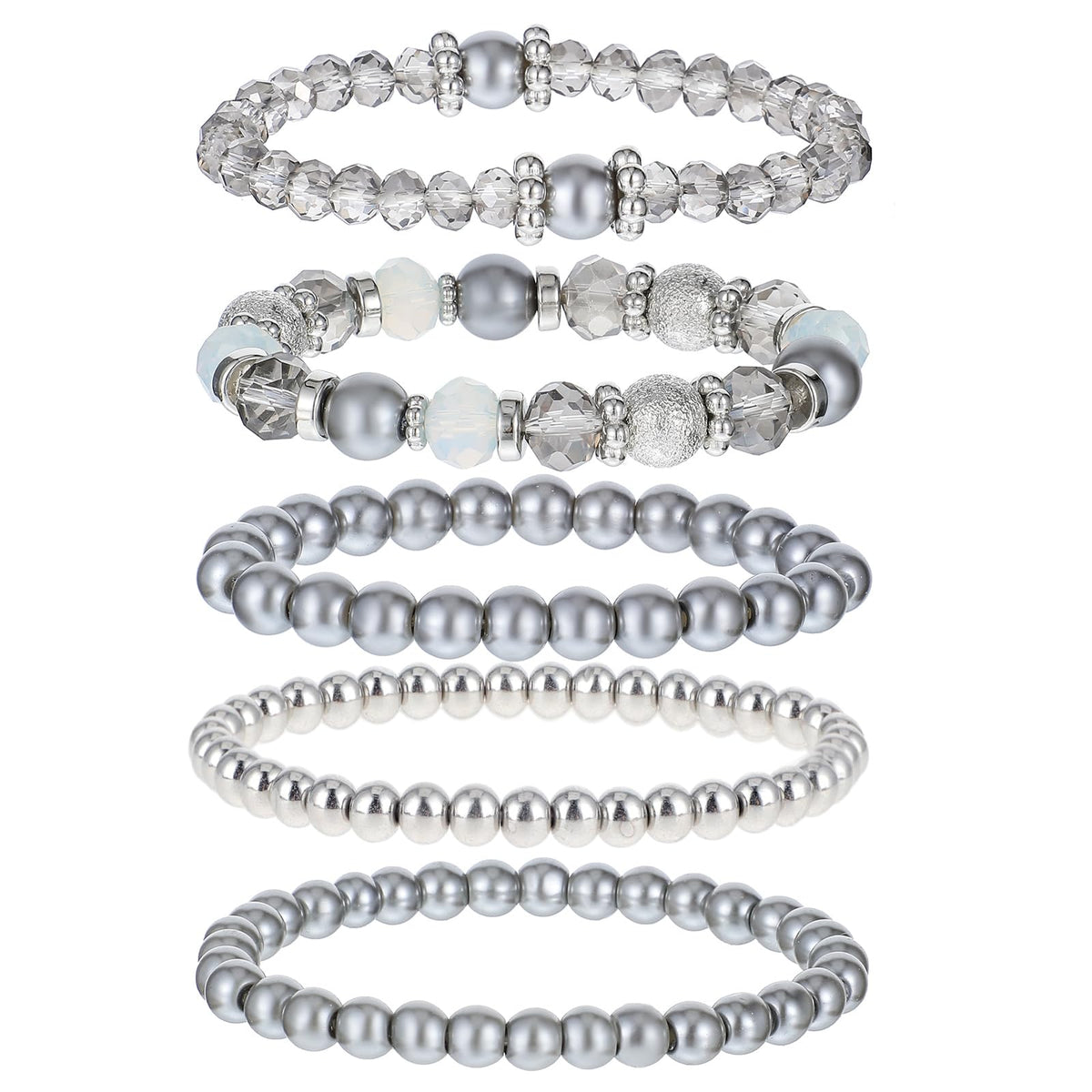 DIVINA VITAE 5 Pcs Beaded Stretch Bracelets Grey Stackable Bracelets Crystal Bead Bracelet Boho Beaded Bracelets Stretch Layering Crystal Stone Beaded Bracelets Trendy Costume Jewelry Gifts for Women