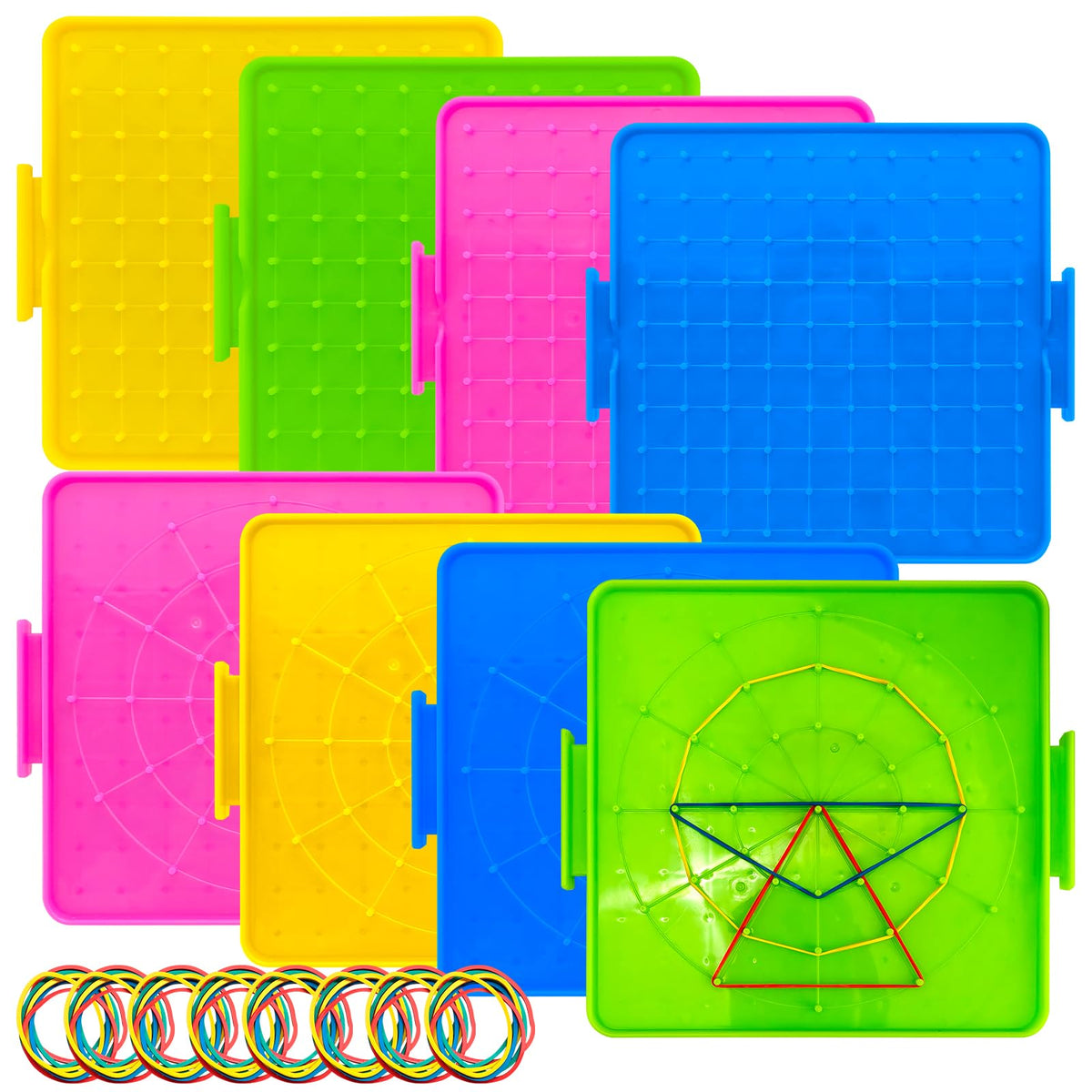 Oopsu 8 Pack Plastic Mathematical Manipulative Material Array Block Geo Board with 80 Latex Bands for Kids(4 Colors)