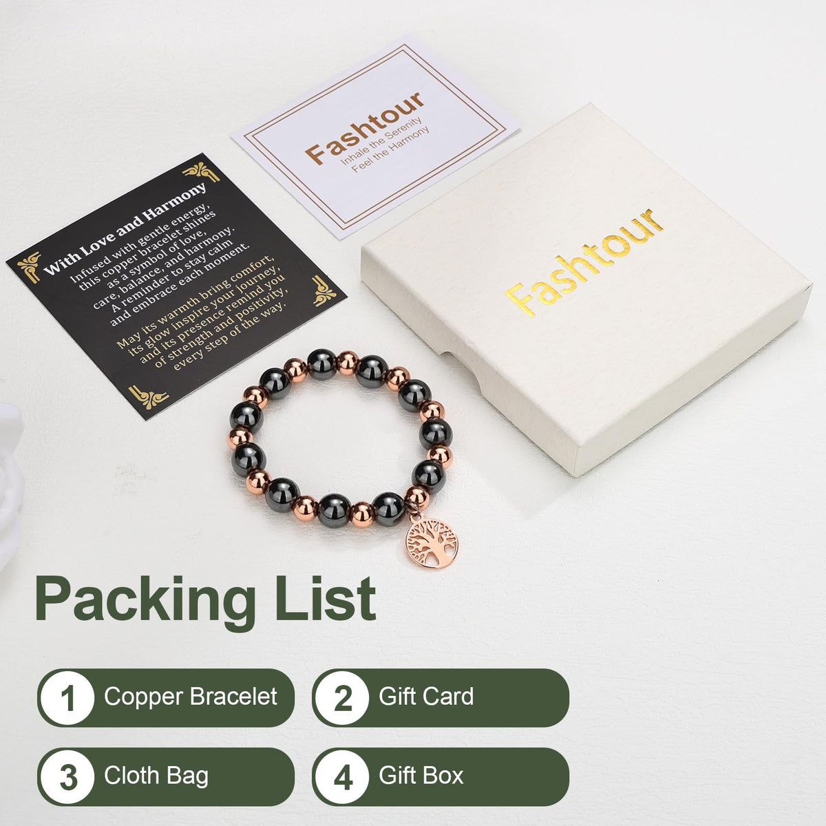 Fashtour Copper Beads Bracelet for Women and Men, Adjustable 99.99% Pure Copper Beads with 10mm Hematite Stones, Magnetic Beaded Jewelry Gift with Tree of Life Charm (10mm)
