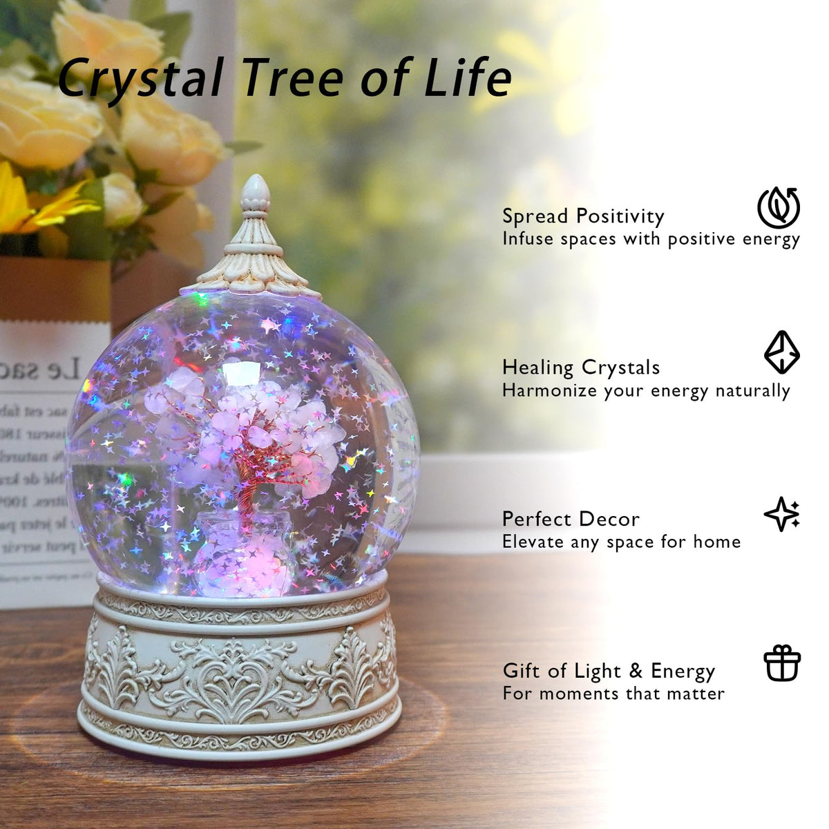 Rose Quartz Healing Crystal Tree Globe with Colorful Lights Sparkling Glitter, Natural Gemstone Base, Spiritual Meditation, Positive Energy Good Luck, Home Decor, Birthday Gifts (Rose Quartz)