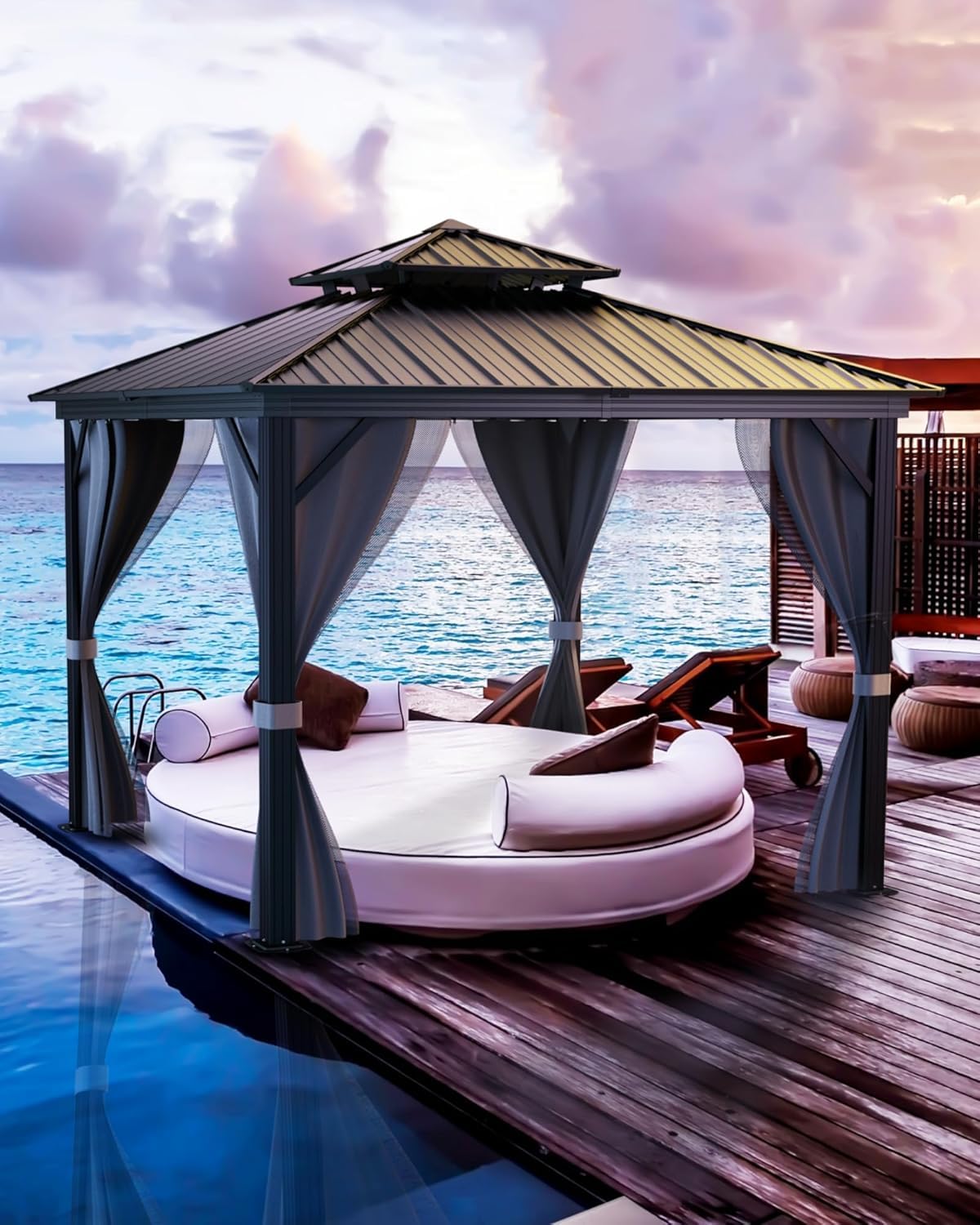 12'X12' Hardtop Gazebo, Outdoor Double Roof Galvanized Steel Gazebo, Aluminum Heavy-Duty Steel Top Canopy with Mosquito Net & Privacy Curtain for Patio, Porch, Garden, Lawn, Deck, Backyard,Gray
