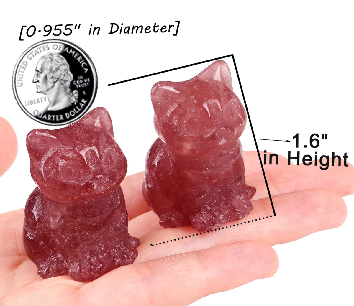 QINJIEJIE Strawberry Quartz Cat Crystals Figurines Carved Stone Healing Crystal Gemstone Sculpture Home Office Decoration Sitting Cat Statue Gifts for Women