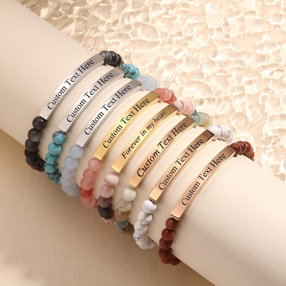 INBLUE Personalized Beaded Bracelets for Women with Engraved Name Natural Stone Stretch Inspirational Bracelet Personalized Jewelry Gift for Mom Wife Friends - Style 01