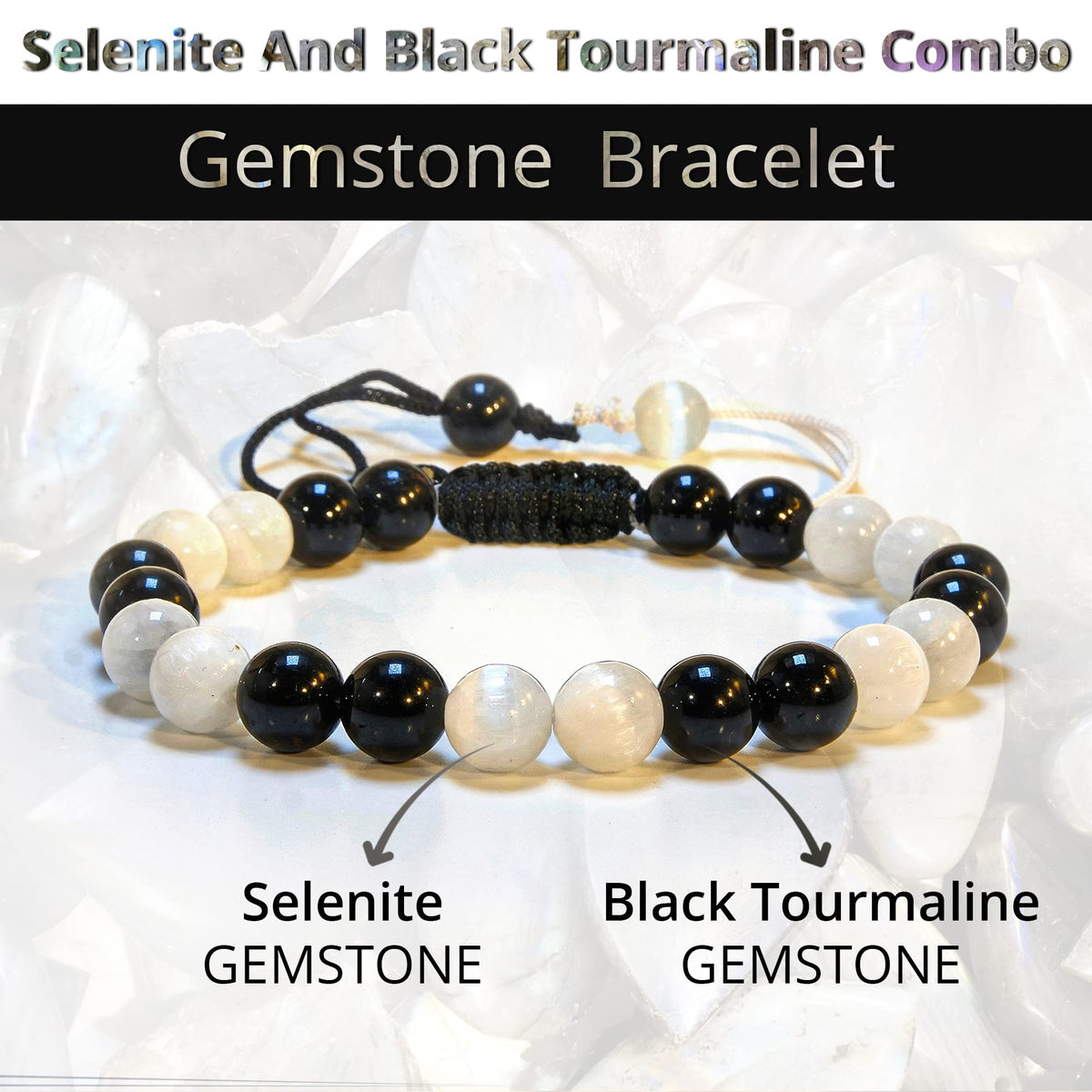 ANAYA AGATE Healing Crystal Bracelet – Chic Gemstone Bracelet for Men and Women – 8mm Round Bead Bracelets for Spiritual Healing, Protection, Positive Energy - Selenite Black Tourmaline