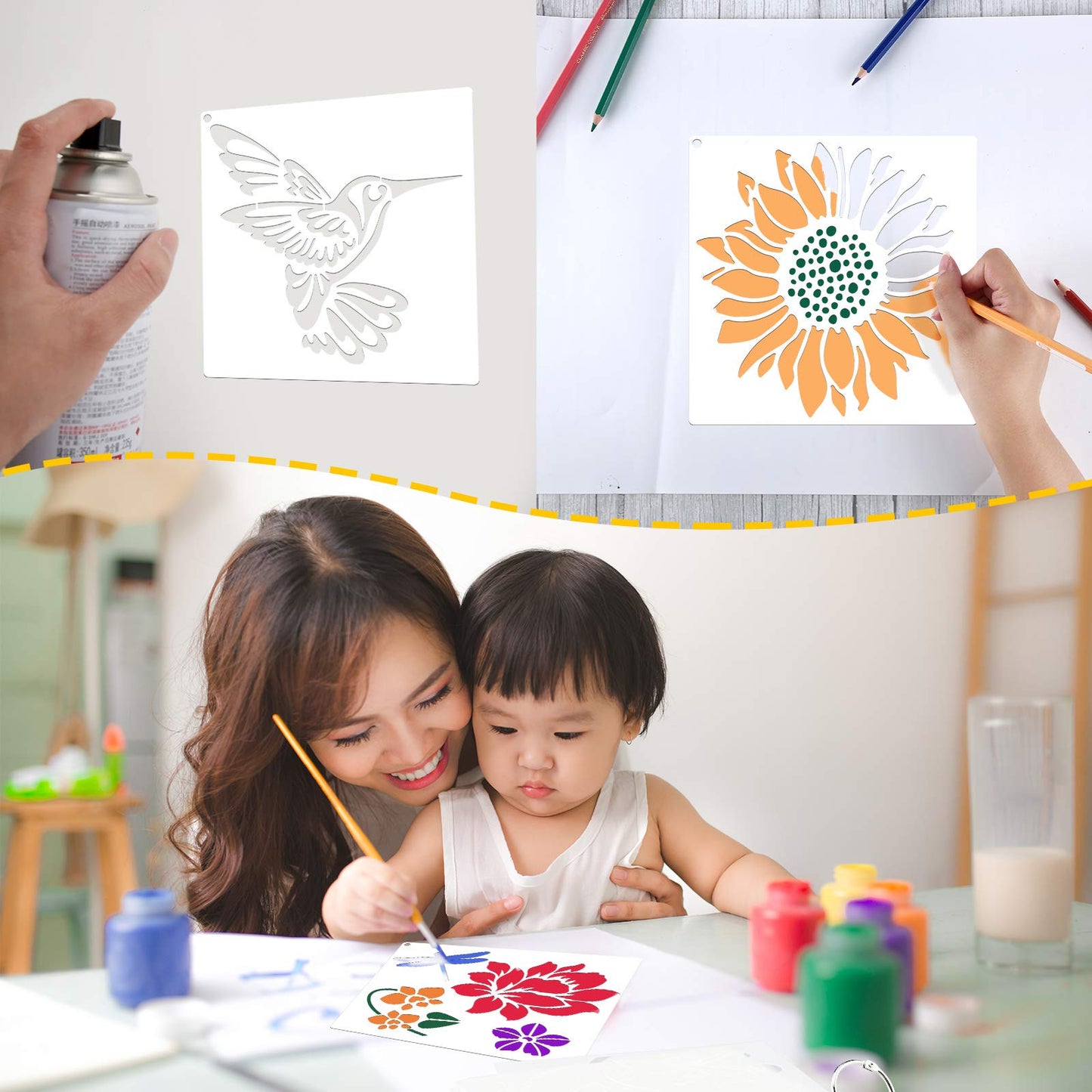 Zonon 16 Pieces Stencils for Painting, Reusable Large Butterfly Hummingbird Sunflower Stencil with Metal Open Ring, DIY Craft Templates for Spring Summer Wood Wall Canvas Home Decor(6.3 x 6.3 Inch)