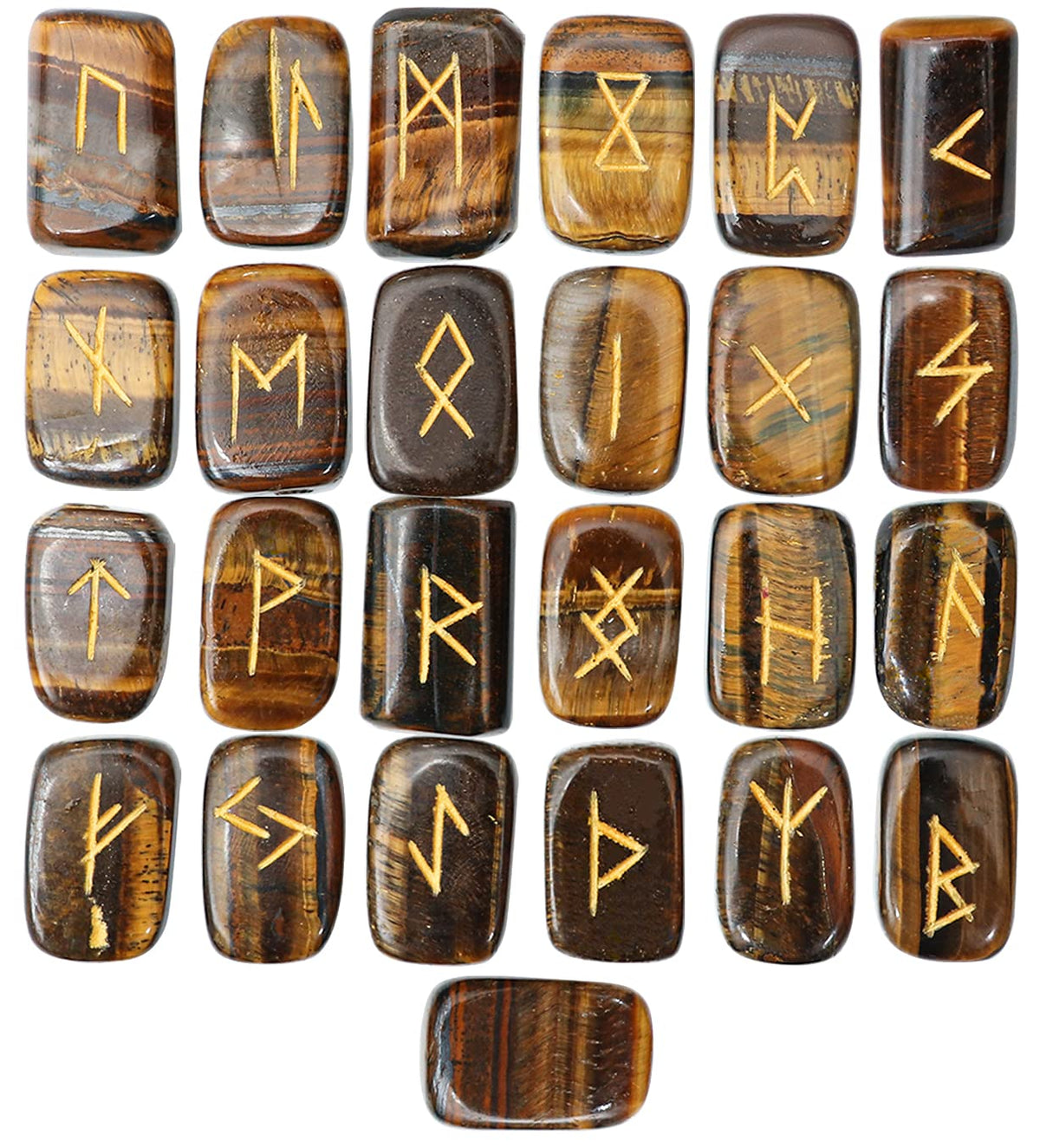 Crocon Tiger Eye Rectangle Shape Gemstone Runes with Elder Futhark Alphabet Engraved 25 pcs Rune Set Crystal Divination Metaphysical Healing Chakra Reiki Runes Set with a Pouch Size : 20-25mm